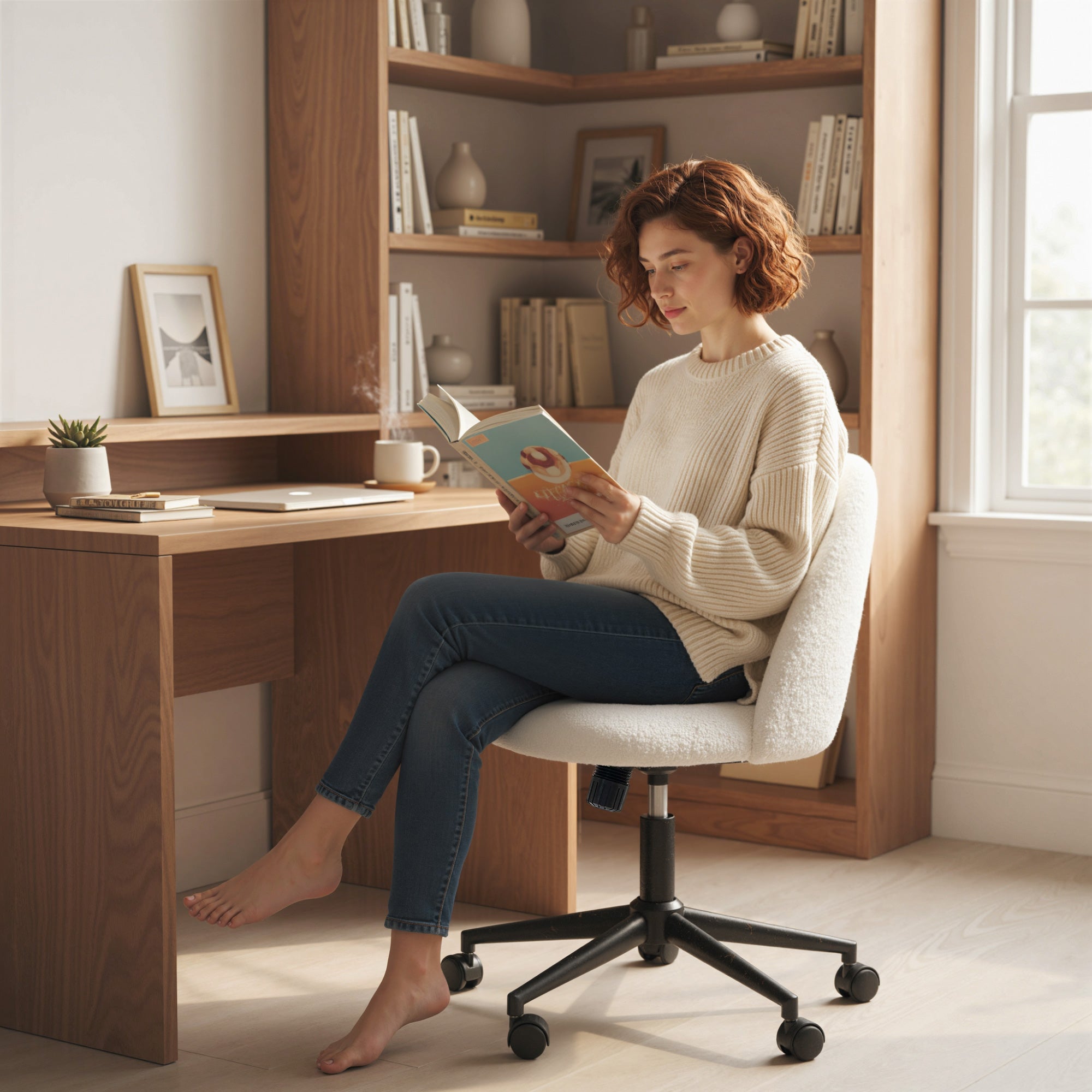 Teddy Fleece Office Chair with Wheels - Cream White
