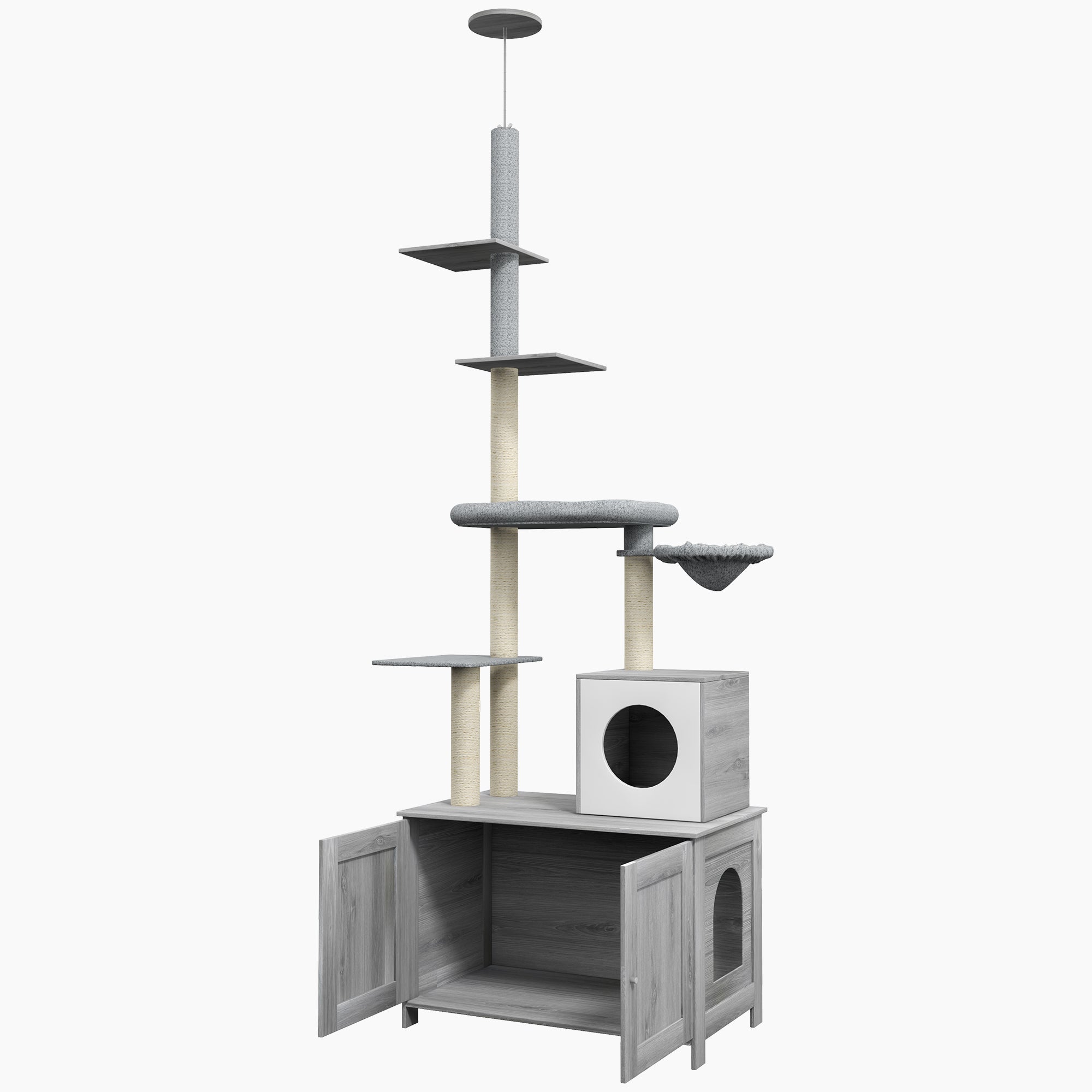 2-in-1 Floor-To-Ceiling Cat Tree with Hidden Litter Box, for Indoor Use - Grey