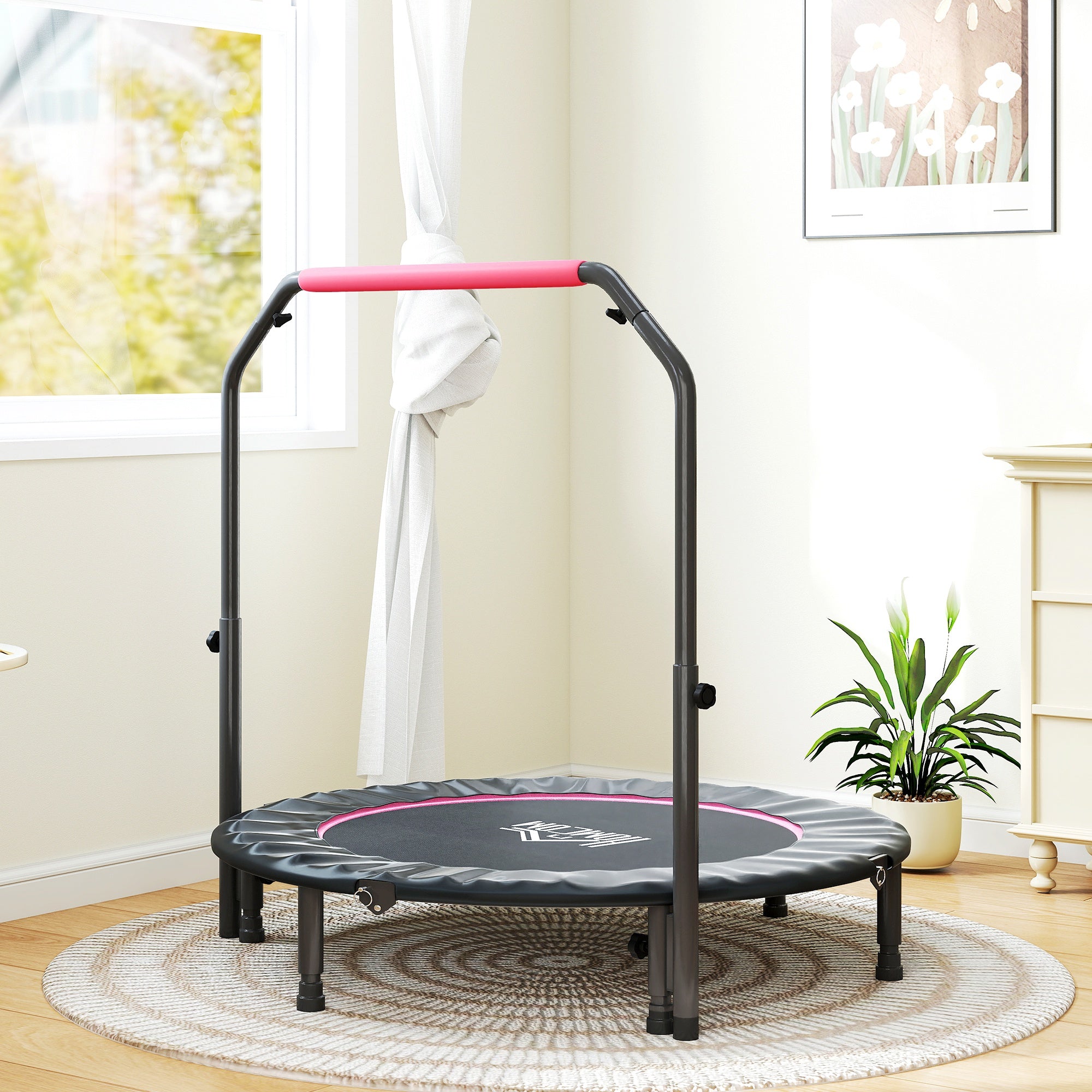 48" Foldable Mini Fitness Trampoline, with Adjustable Foam Handle, Pink