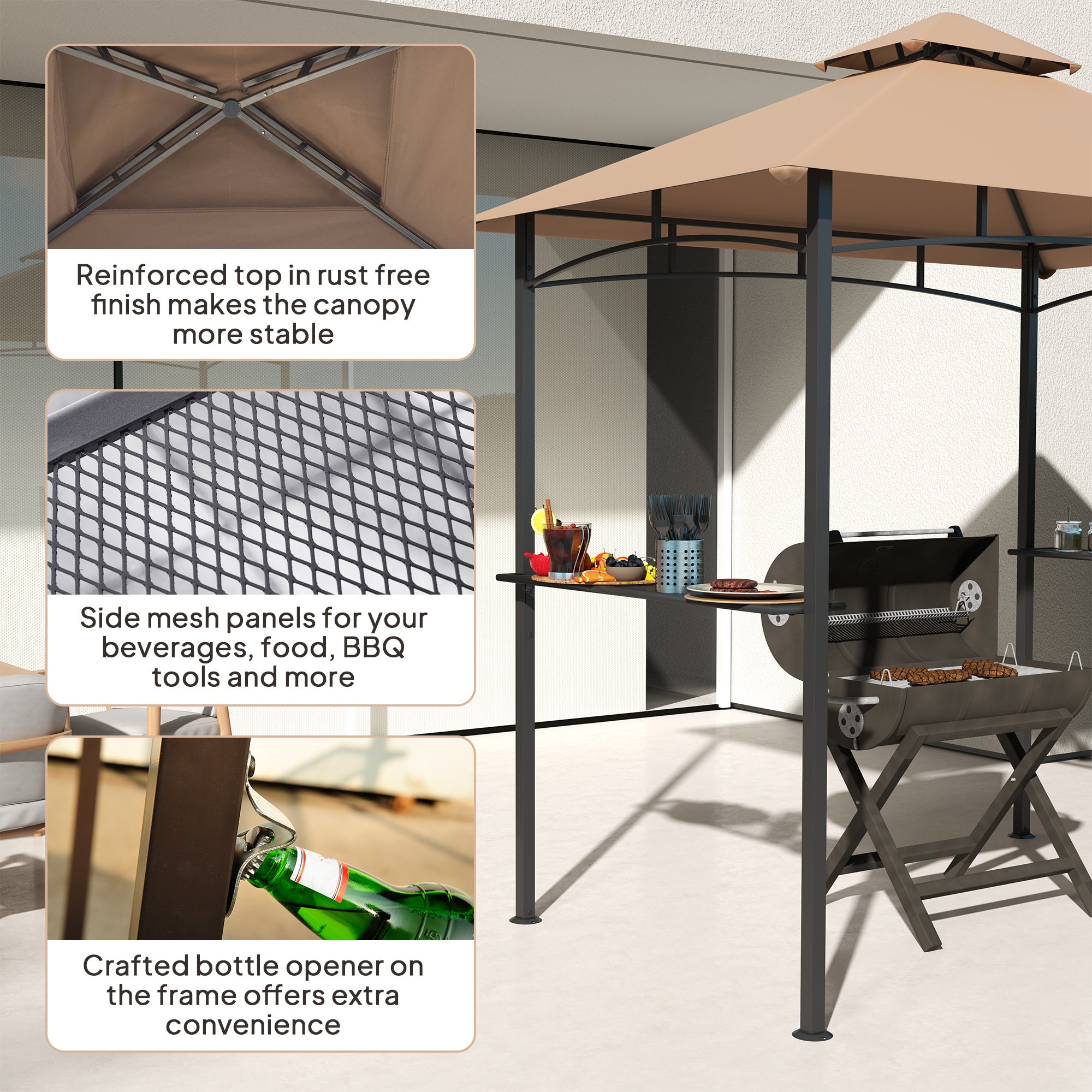 2.5 Metre Double Tiered BBQ Gazebo with Side Shelves - Khaki