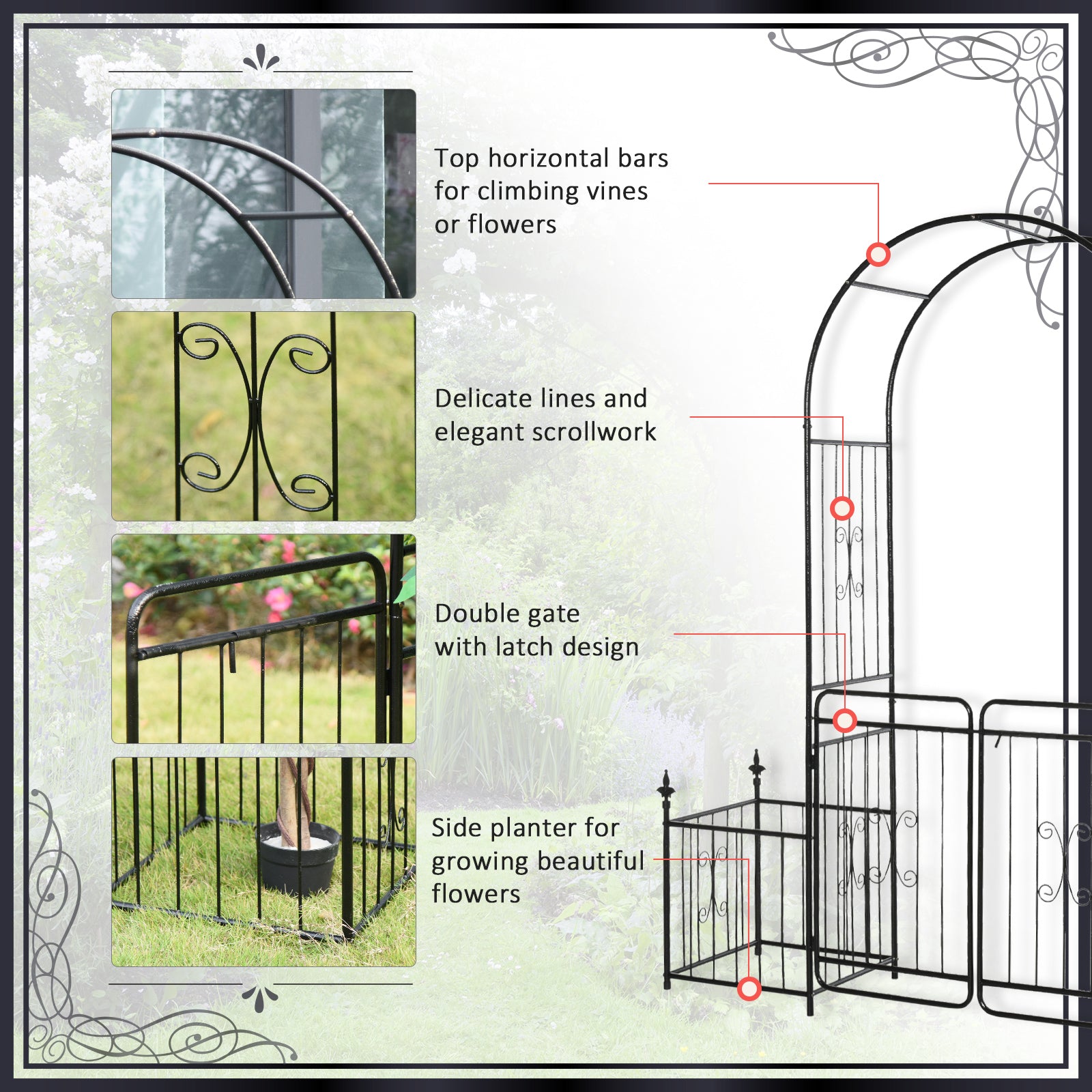 Metal Garden Arbor Arch with Double Doors, 2 Side Planter Baskets, Climbing Vine Frame, Black