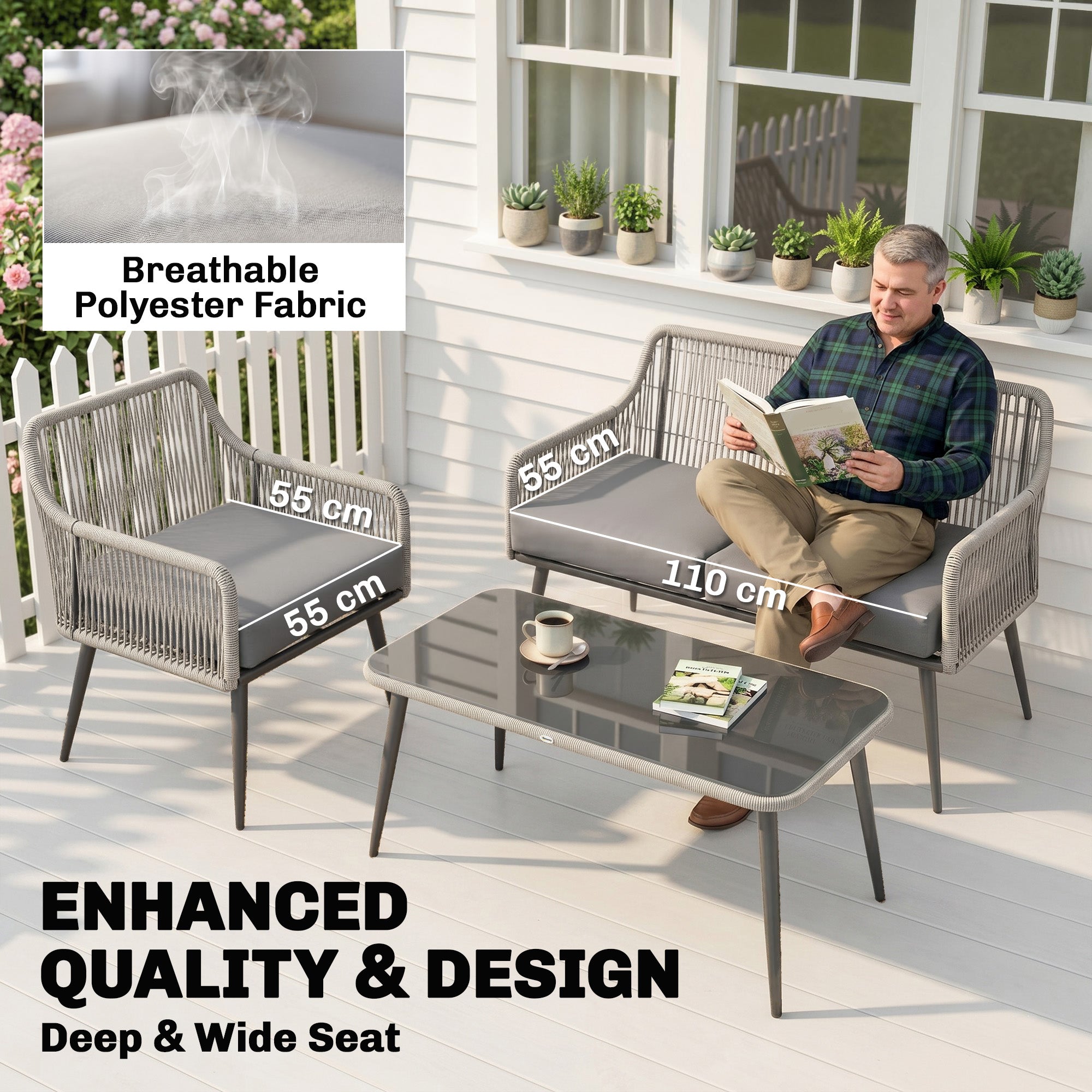 Rattan Garden Furniture Set, 4 Piece Outdoor Patio Furniture with Tempered Glass Table and Chairs, Indoor Balcony Conservatory Set