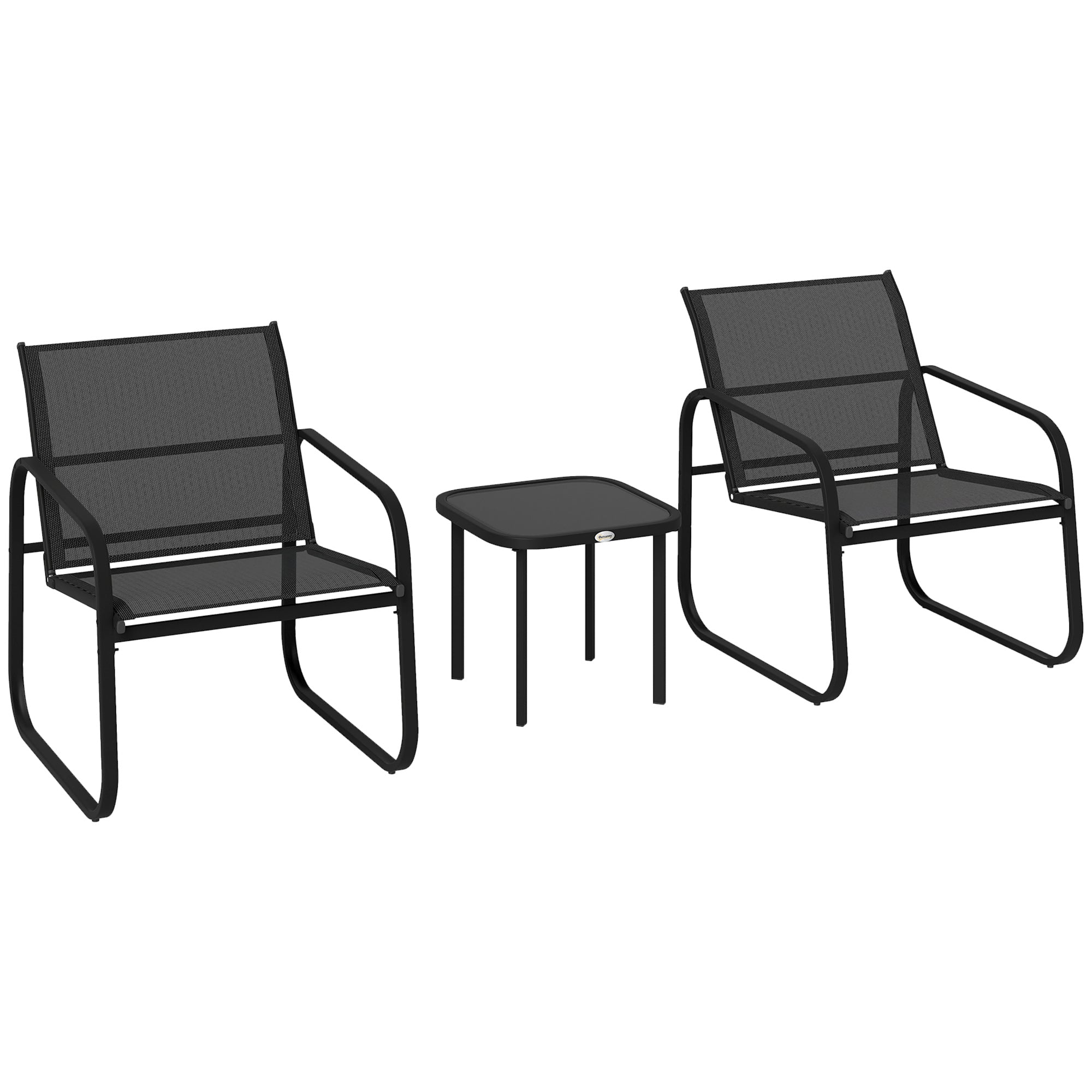 3 Piece Powder Coated Steel Garden Seating Set with Glass Table - Black