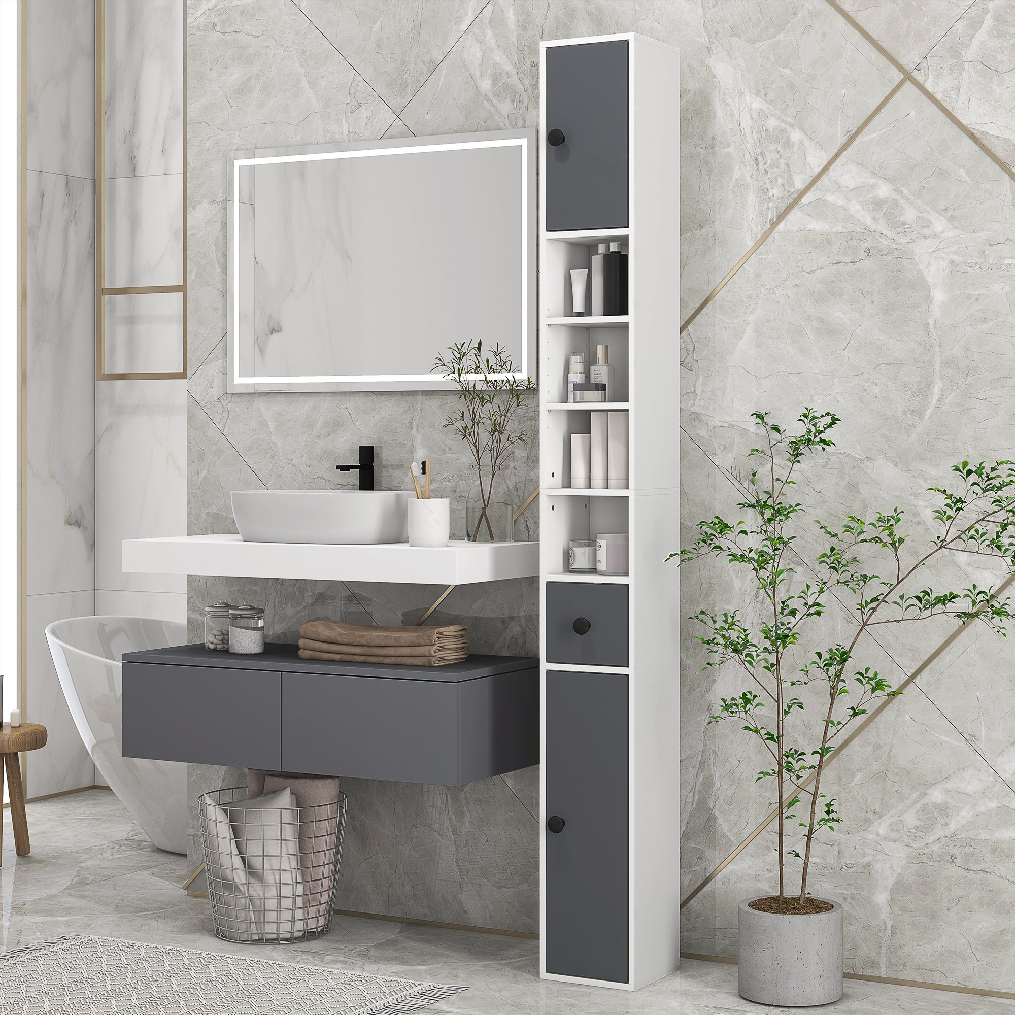 180cm Slim Bathroom Cabinet, with Drawer, Shelves and Cupboards - Grey