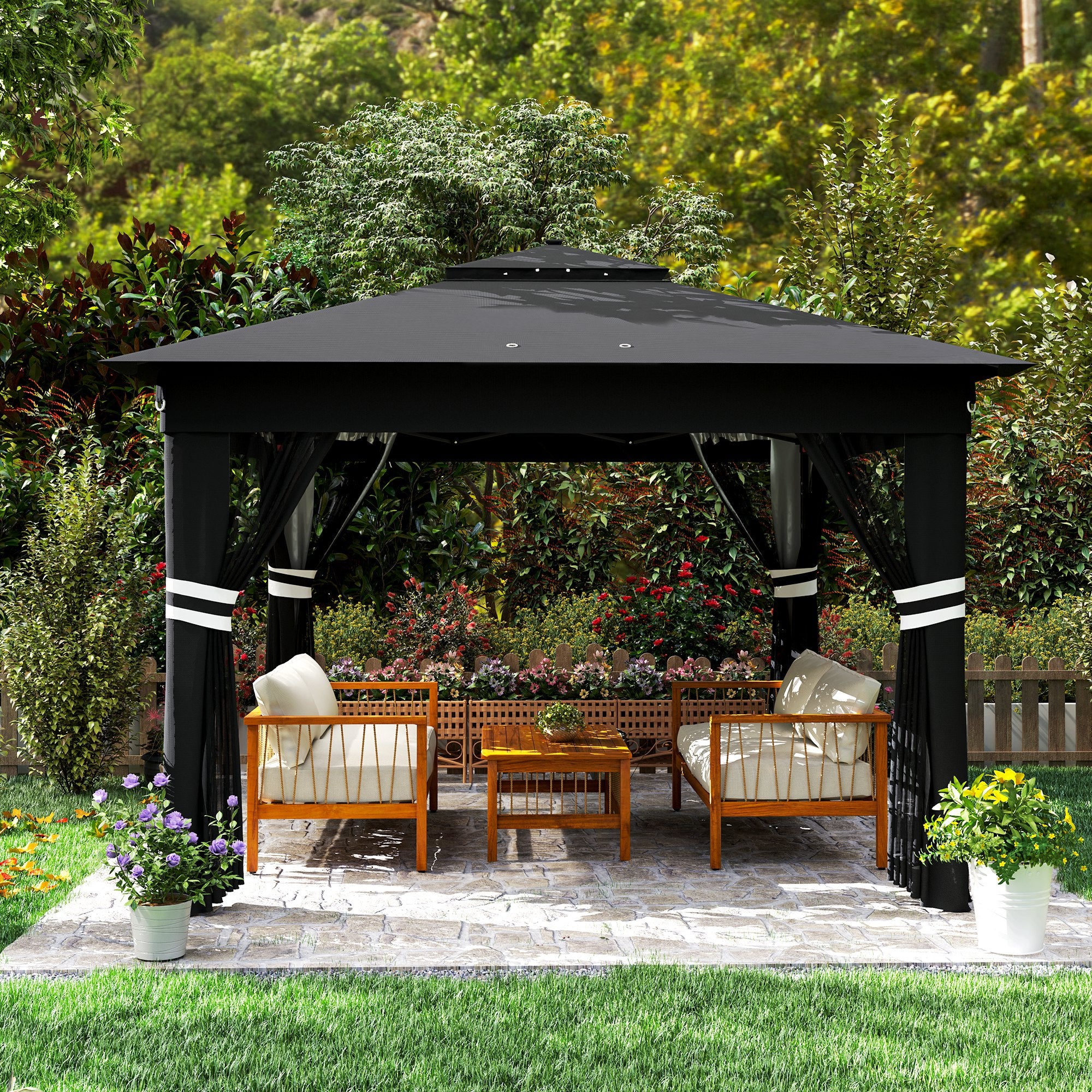 3 x 3 Metre Pop Up Gazebo with Solar LED Lights and Netting - Black