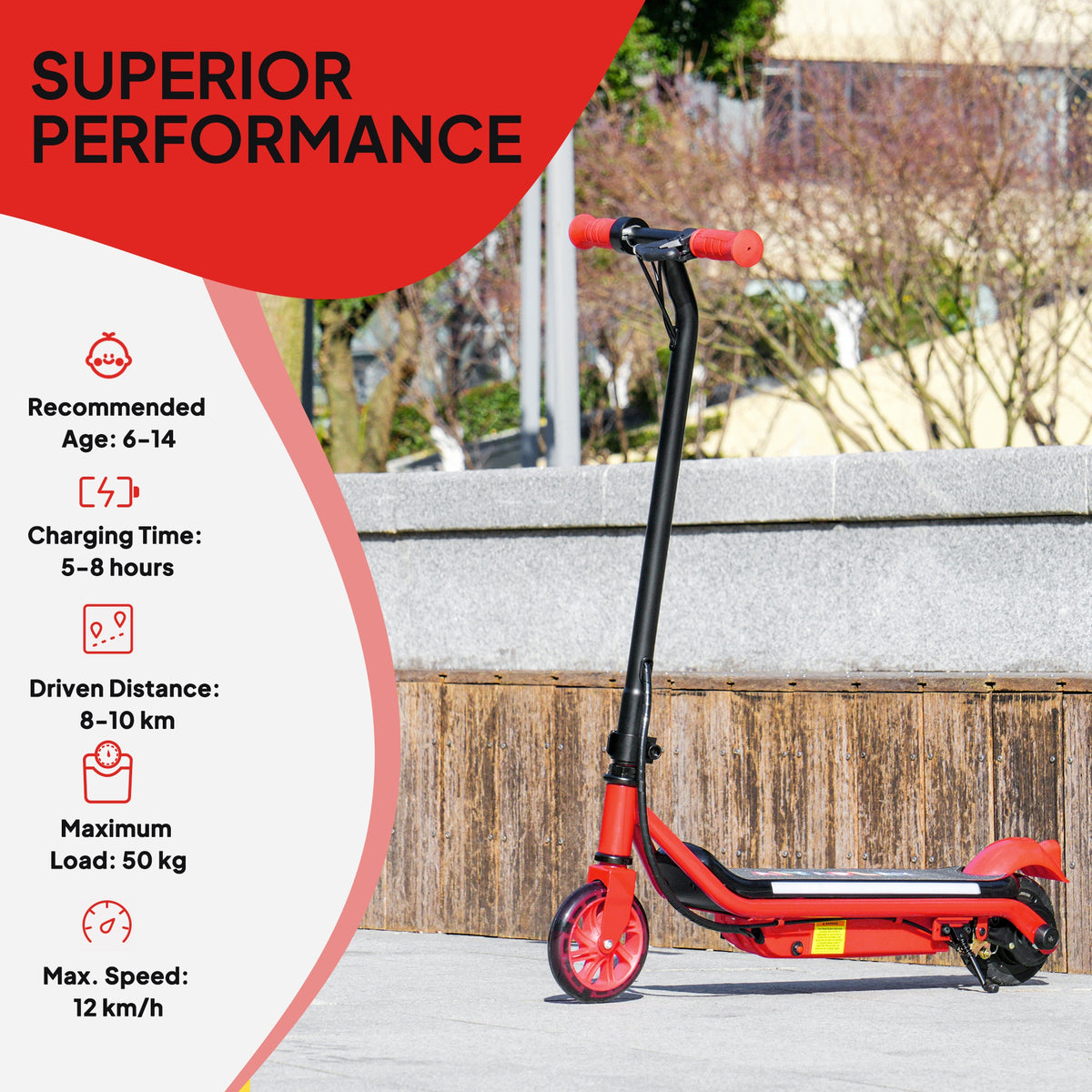 Kids Electric Scooter with Dual Brakes, Flashing Wheels & Lights, 12 KM/H, Ages 6-14 - Red
