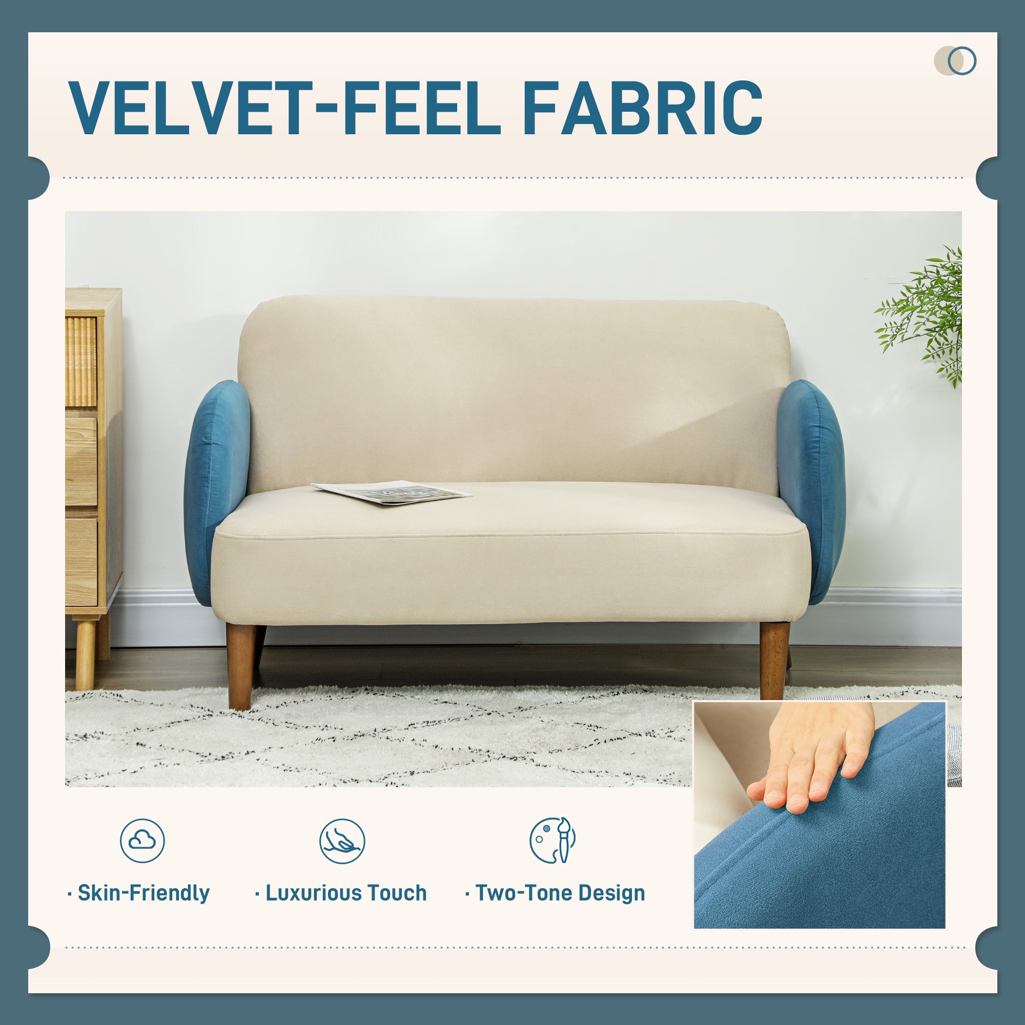 Two-Seater Velvet-Feel Mid Century Sofa - Cream/Blue