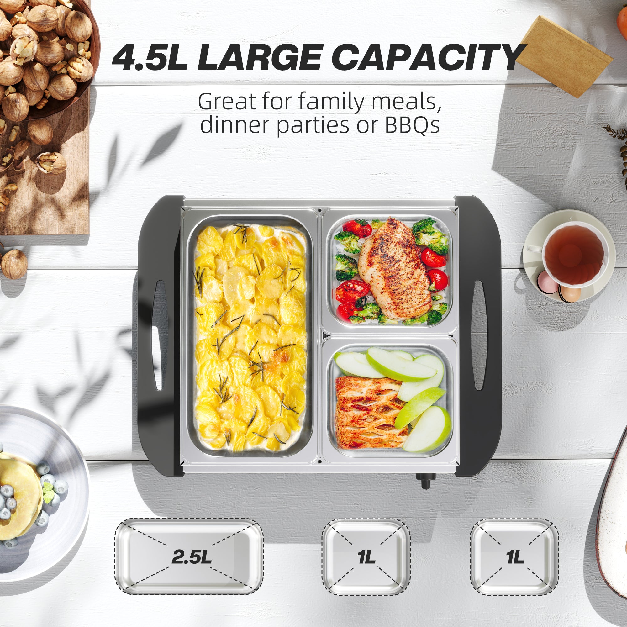 Electric Food Warmer 4 Tray, 4.5L Portable Buffet Server and Warming Tray with Lids, Adjustable Temperature Control and Cool Touch Handles, 200W, 1 x 2.5L and 2 x 1L