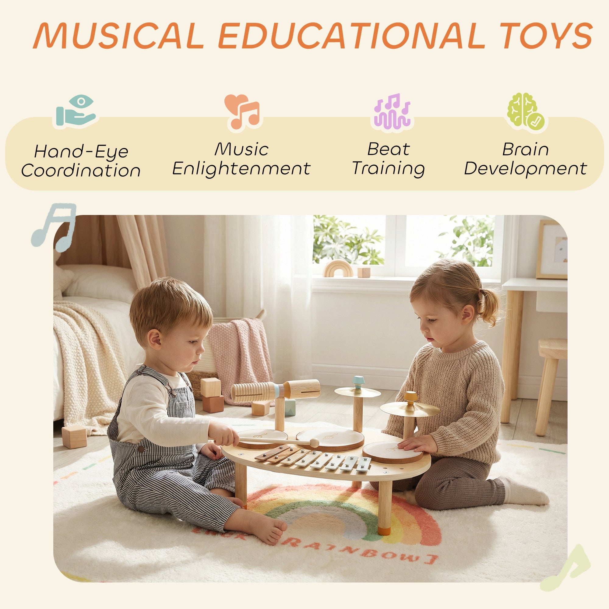 Baby Drum Kit, Wooden Kids Musical Instruments with Drums and Xylophone, Gifts for Girls Boys Birthday, Natural