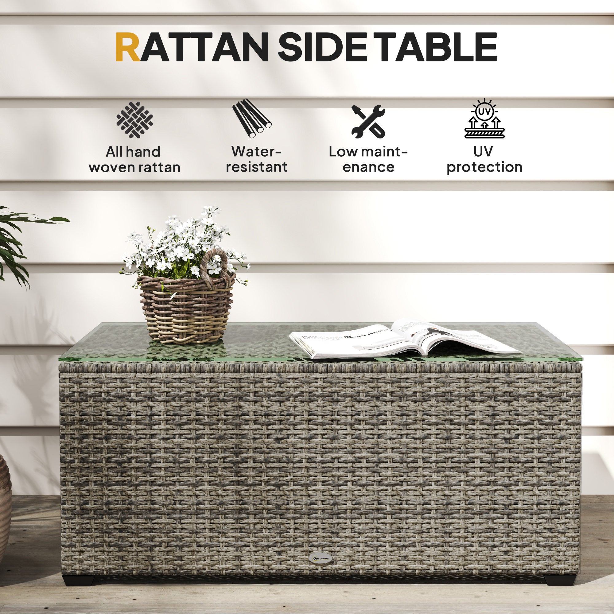 Glass-Top Rattan Side Table with Tempered Glass - Dark Grey