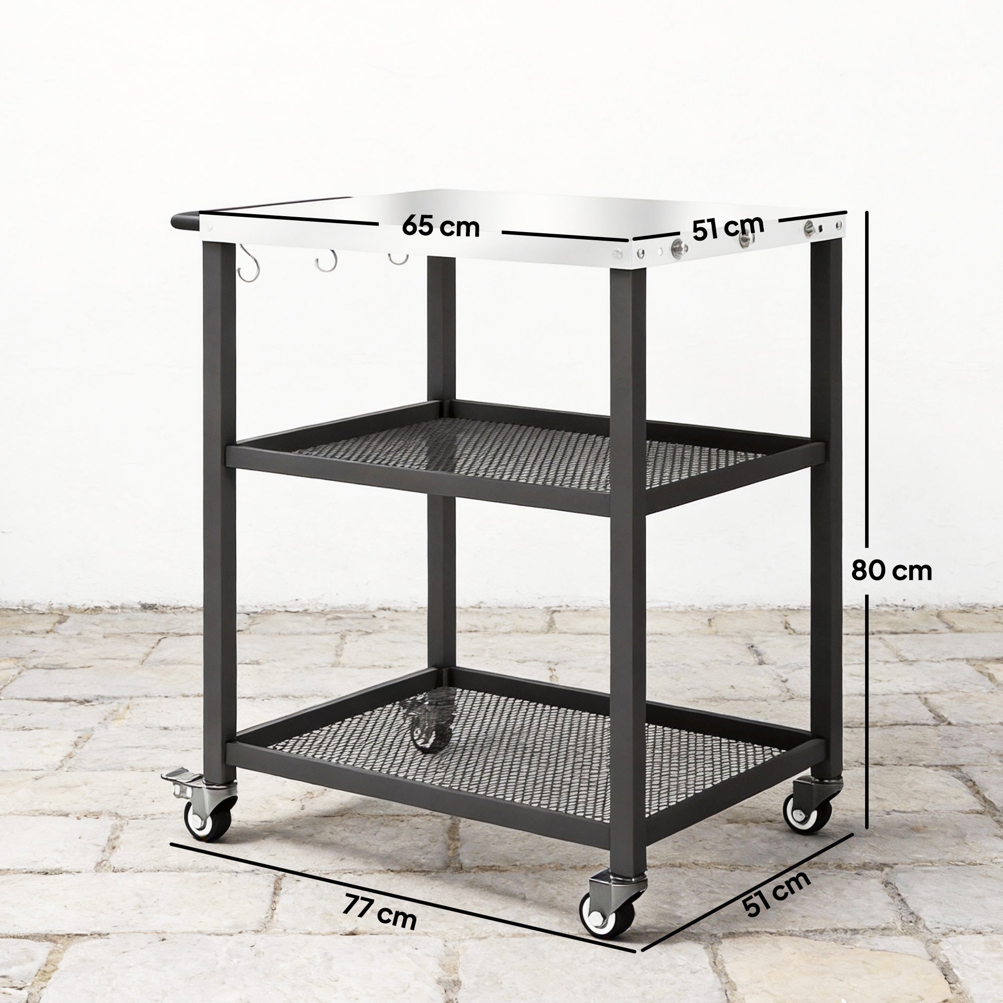Outdoor Grill Cart with Stainless Steel Tabletop, 3-Tier Pizza Oven Stand with Adjustable Shelf, Hooks, Wheels, Black