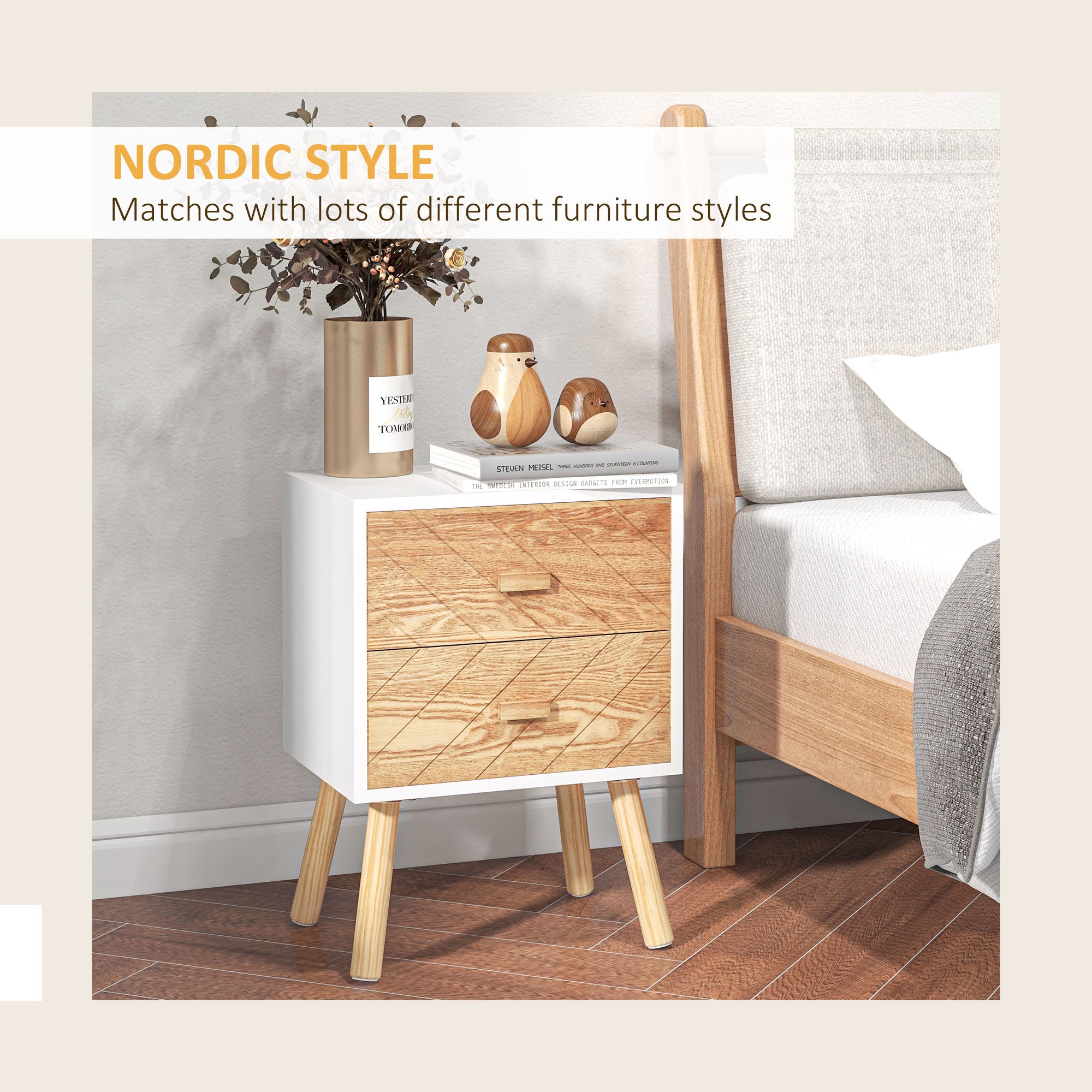 Bedside Table Set of 2, Modern Bedside Cabinets with Drawer and Pine Wood Legs, Nightstand for Bedroom, White and Natural
