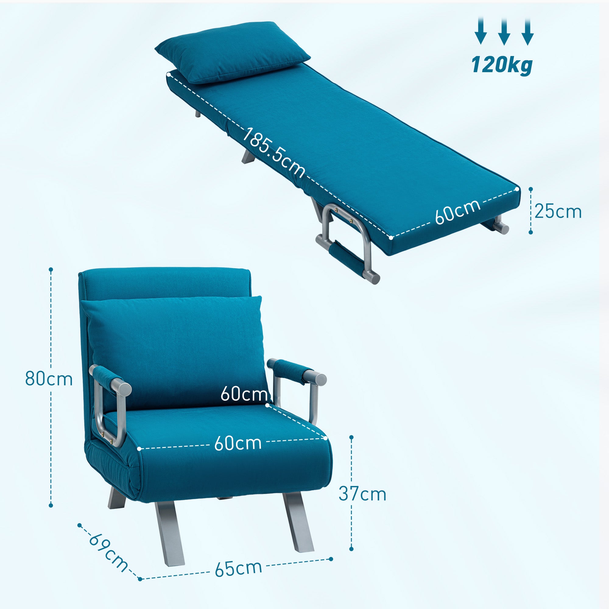 4-in-1 Adjustable Faux Suede Chair Bed with Pillow - Blue