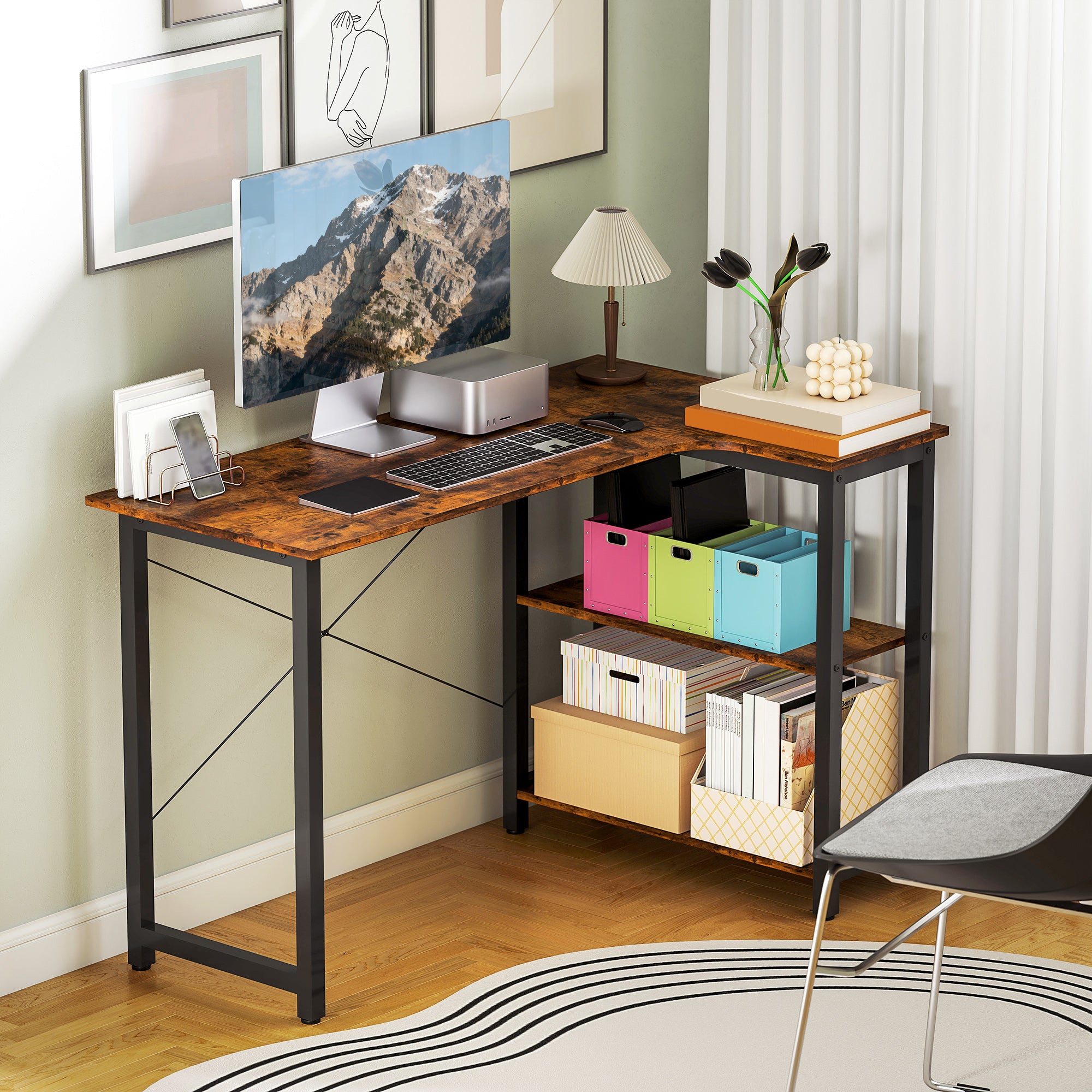 L Shaped Desk, Corner Computer Desk with Bookshelf for Home Office, Study Room, Workstation, 120 x 73.2 x 75cm, Rustic Brown