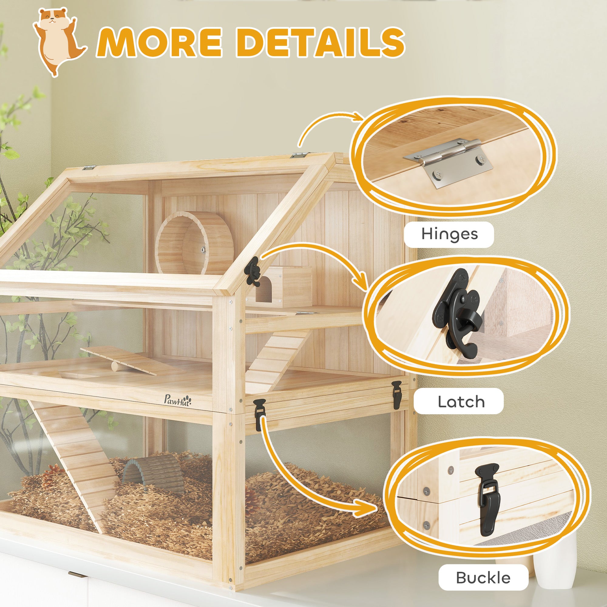 Wooden Hamster Cage with Detachable 31cm Deep Bottom, Hut, Seesaw, Exercise Wheel, Ramp, 80 x 50 x 76cm, Natural