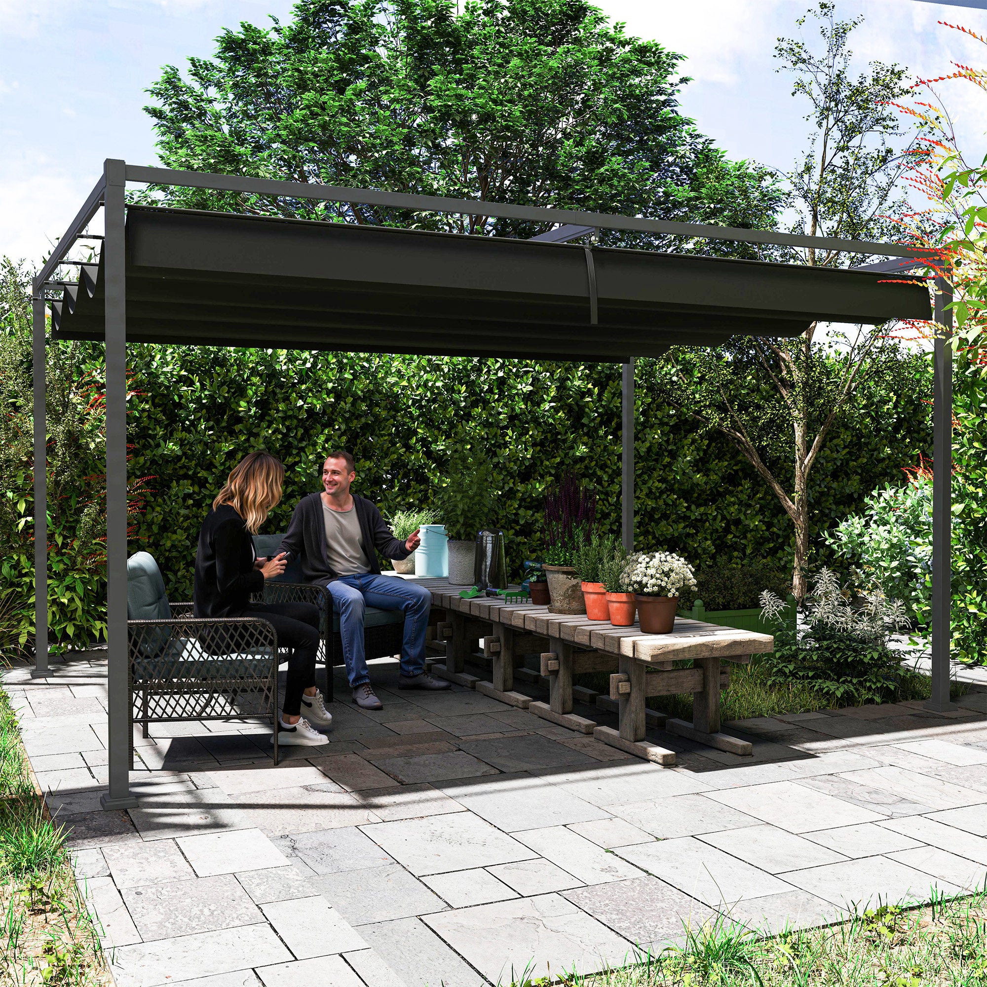 4 x 3m Metal Pergola, with Retractable Canopy Roof - Black