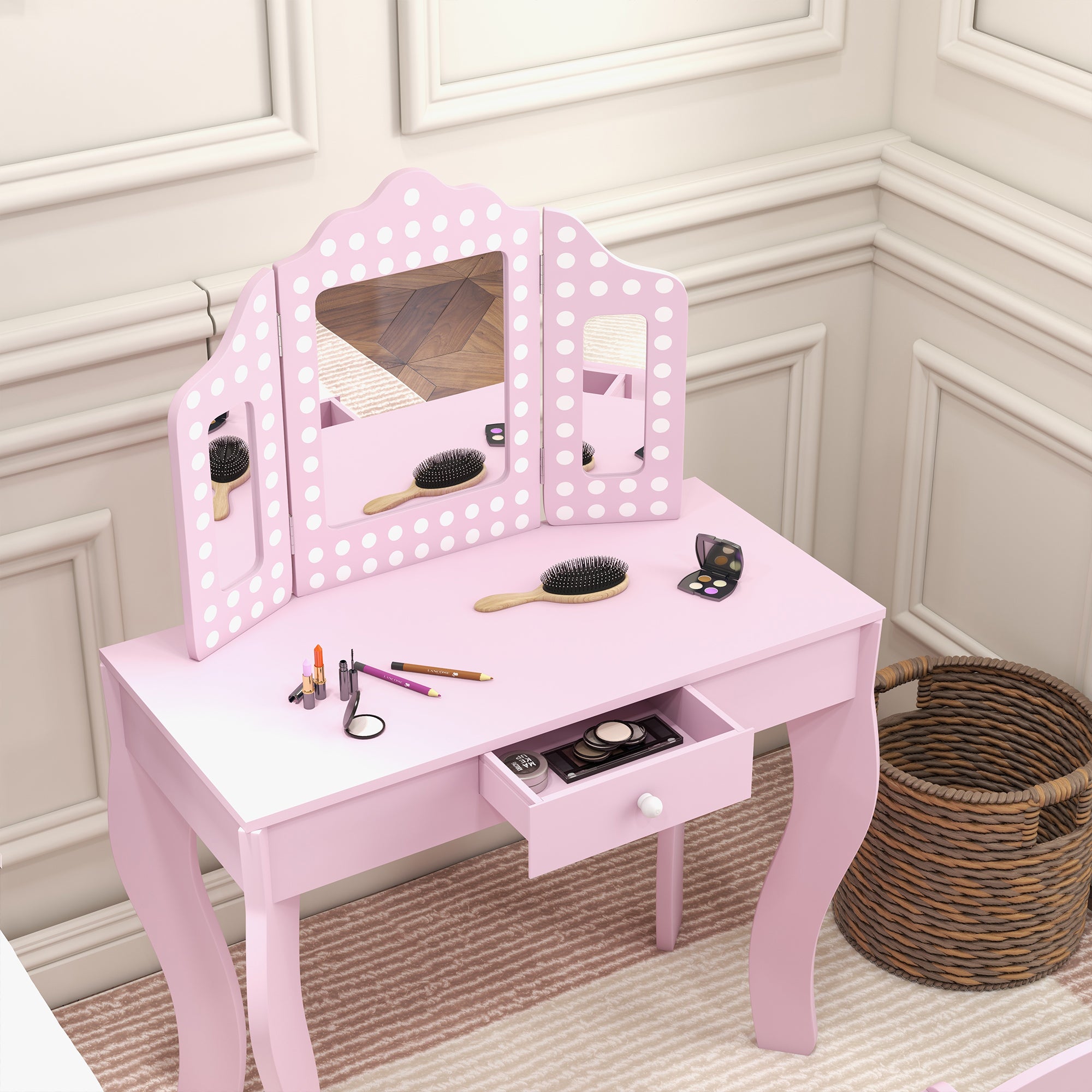 Kids Dressing Table Sets with Stool and Tri-Fold Mirror, Drawer for Playroom, Bedroom - Pink