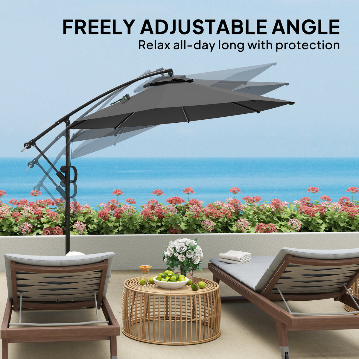 3m Garden Cantilever Parasol with Crank, Tilt, Cover & Wind Strap - Grey