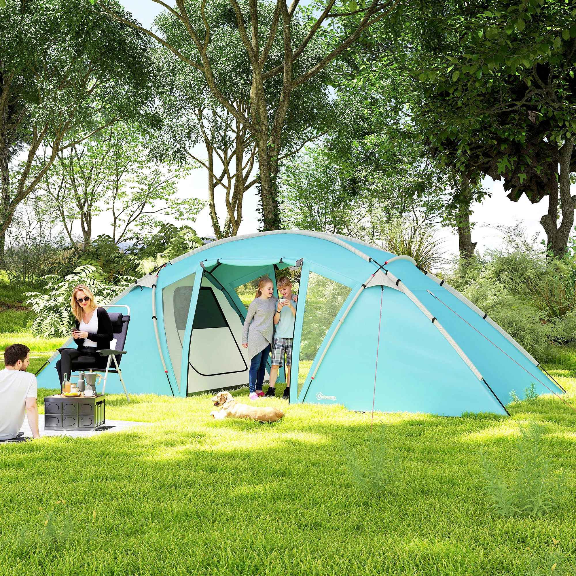 4-6 Man Family Camping Tent w/ 2 Bedrooms and a Living Room, Waterproof Tunnel Tent w/ Sewn In Groundsheet, Doors, Windows, Carry Bag, Blue