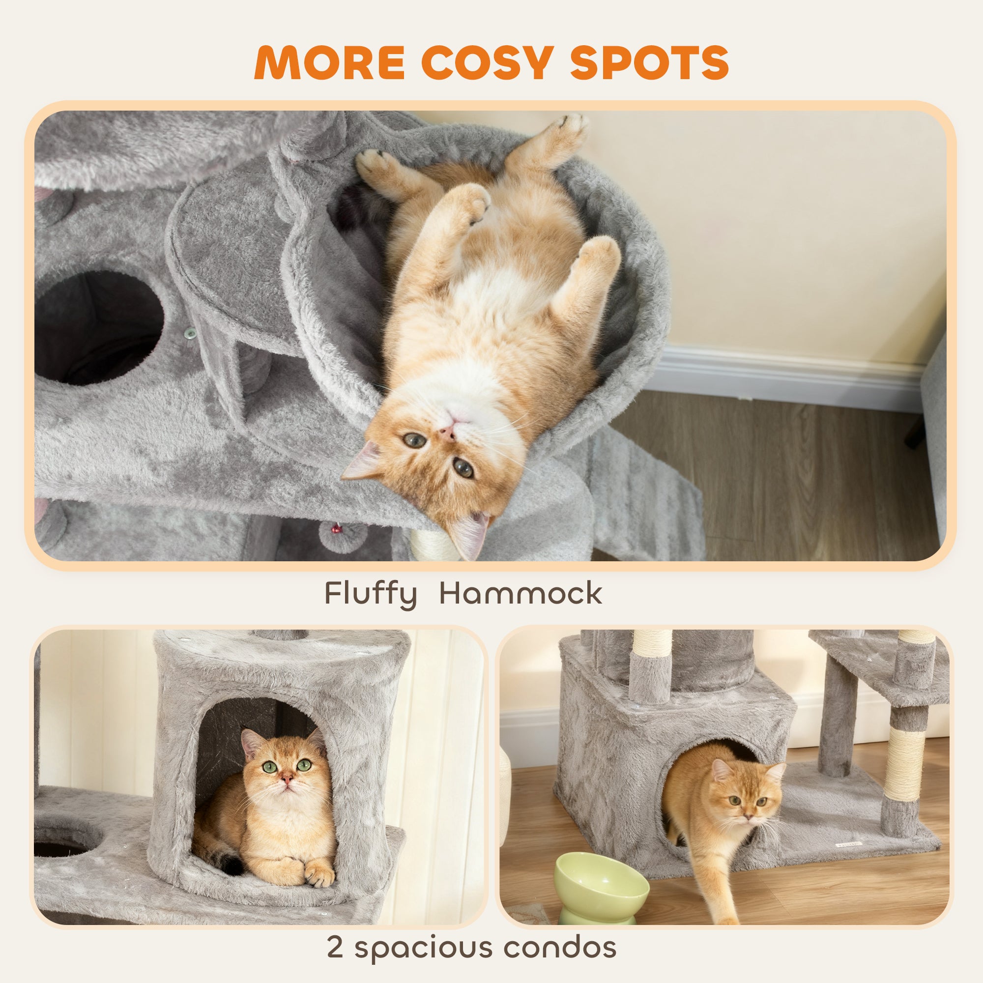 170 cm Large Cat Tree, Cat Tower with 7 Scratching Posts, 2 Condos, Hammock, Light Grey