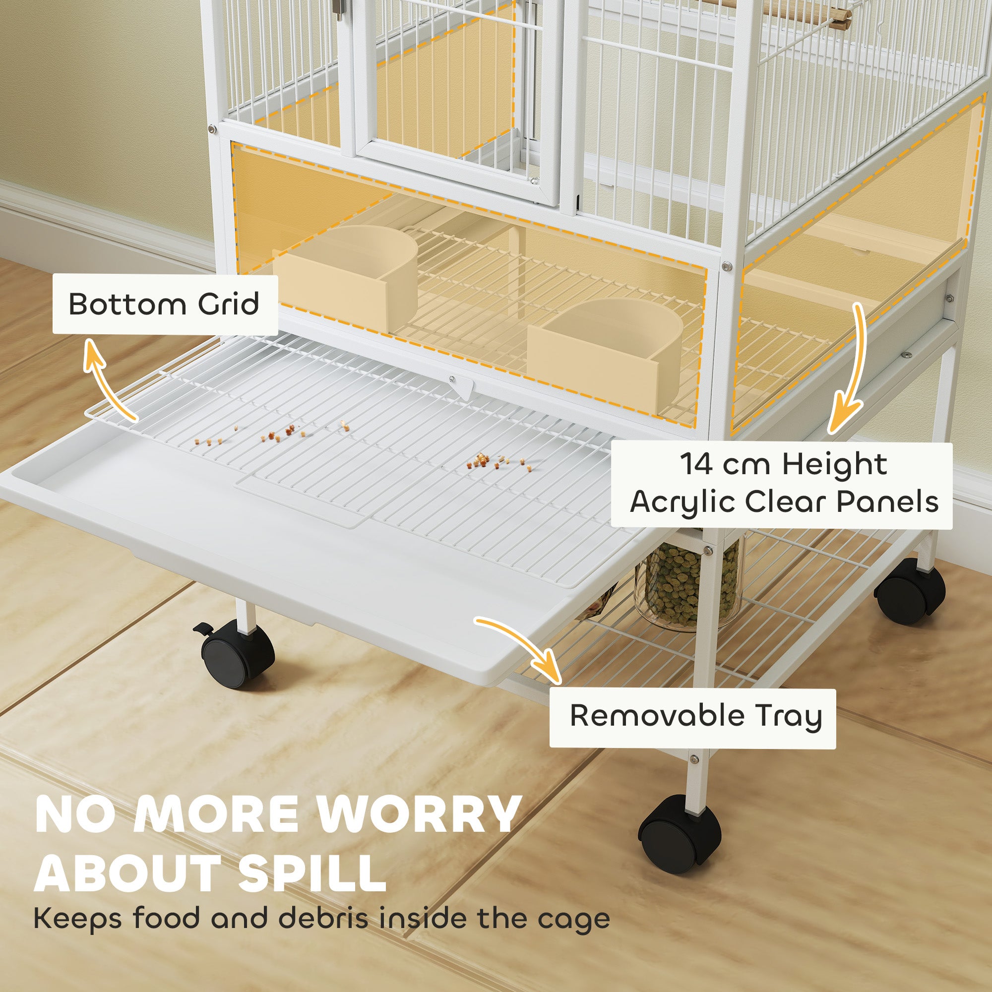 Bird Cage with Rolling Stand, Acrylic Viewing Panels, Storage Shelf, for Budgie, Parakeet, 48 x 46 x 83 cm
