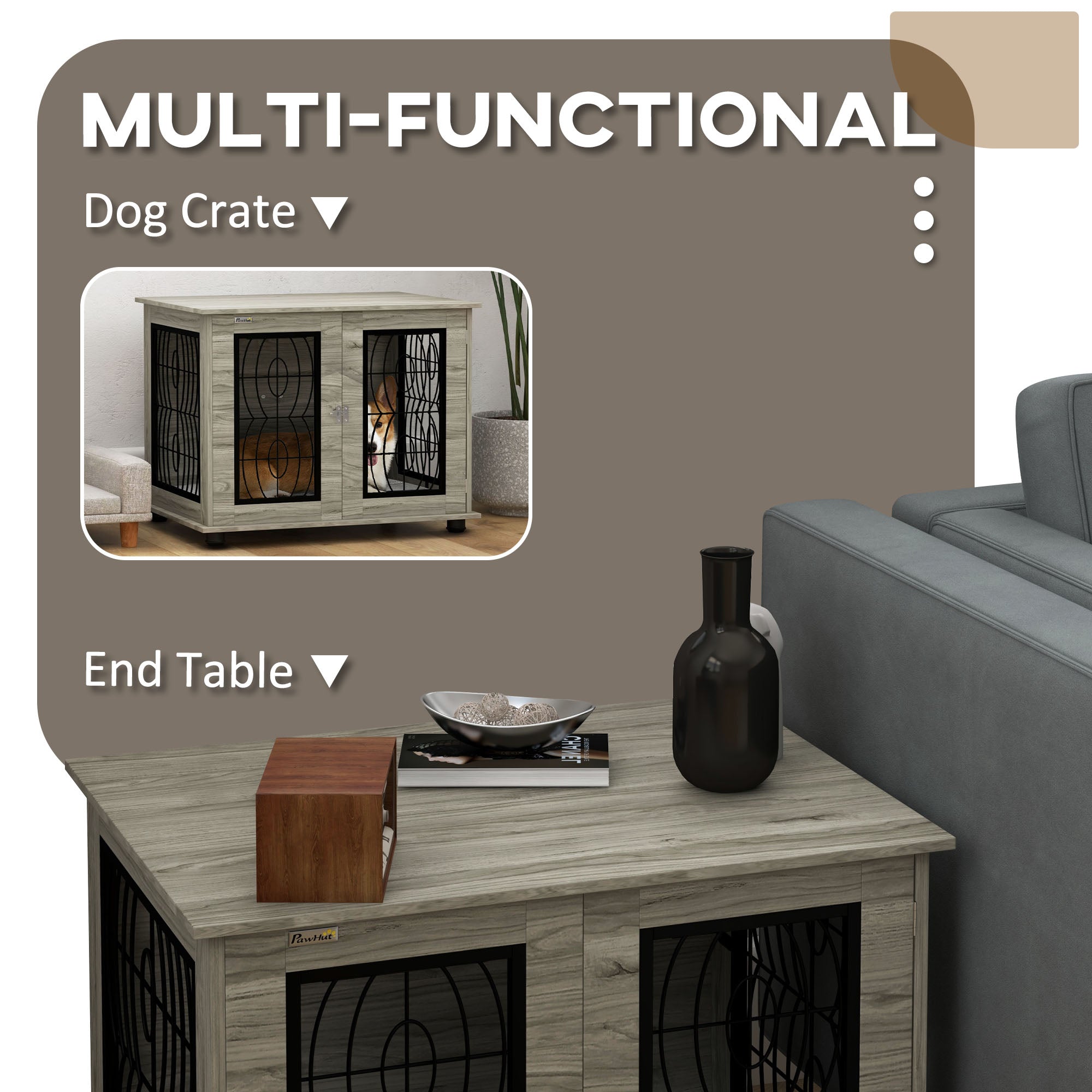 Indoor Dog Crate Furniture End Table with Soft Washable Cushion, Lockable Front Door, for Medium Dogs - Black