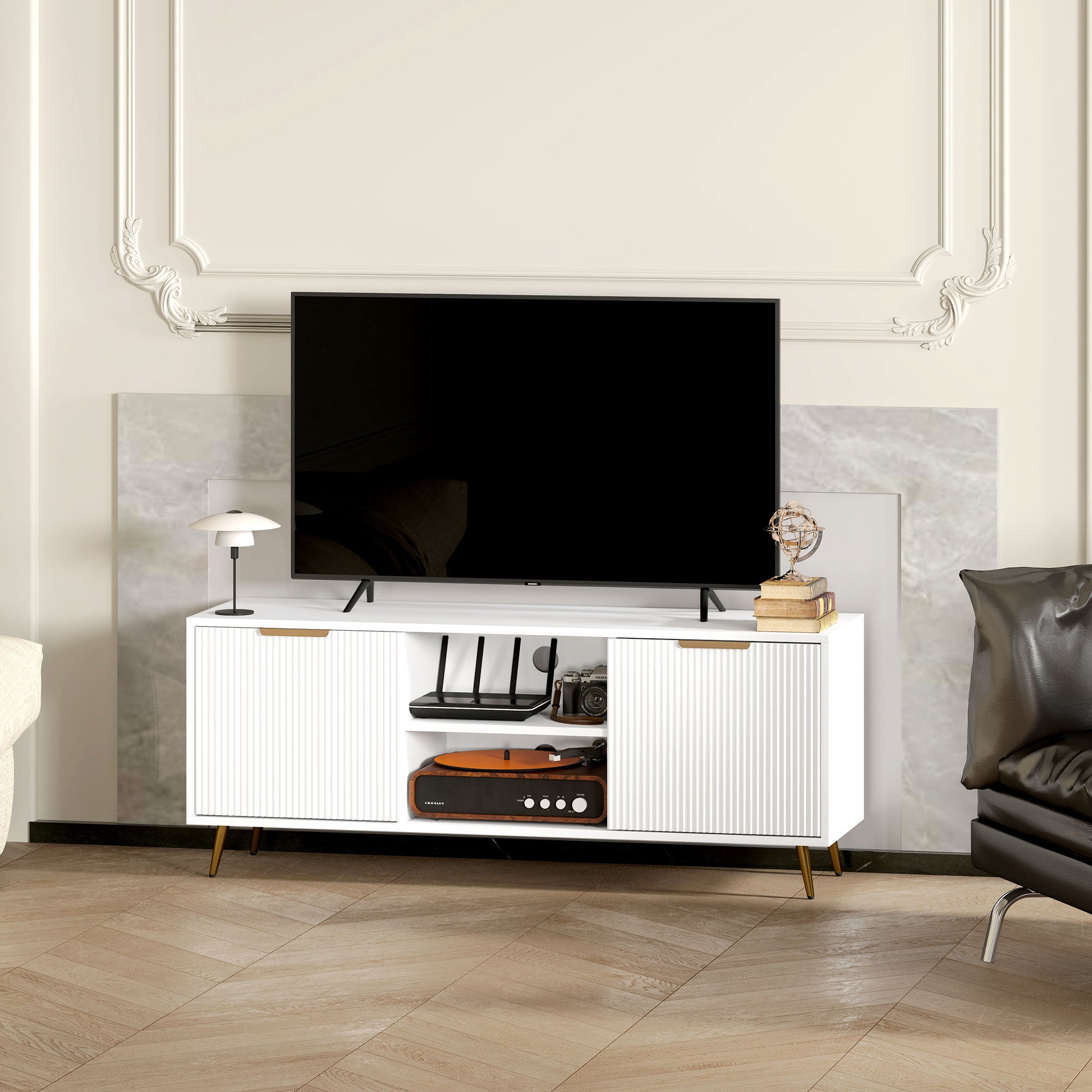 Modern TV Stand Cabinet for TVs up to 55" with 2 Open Shelves & 2 Cabinets, Cable Management - White