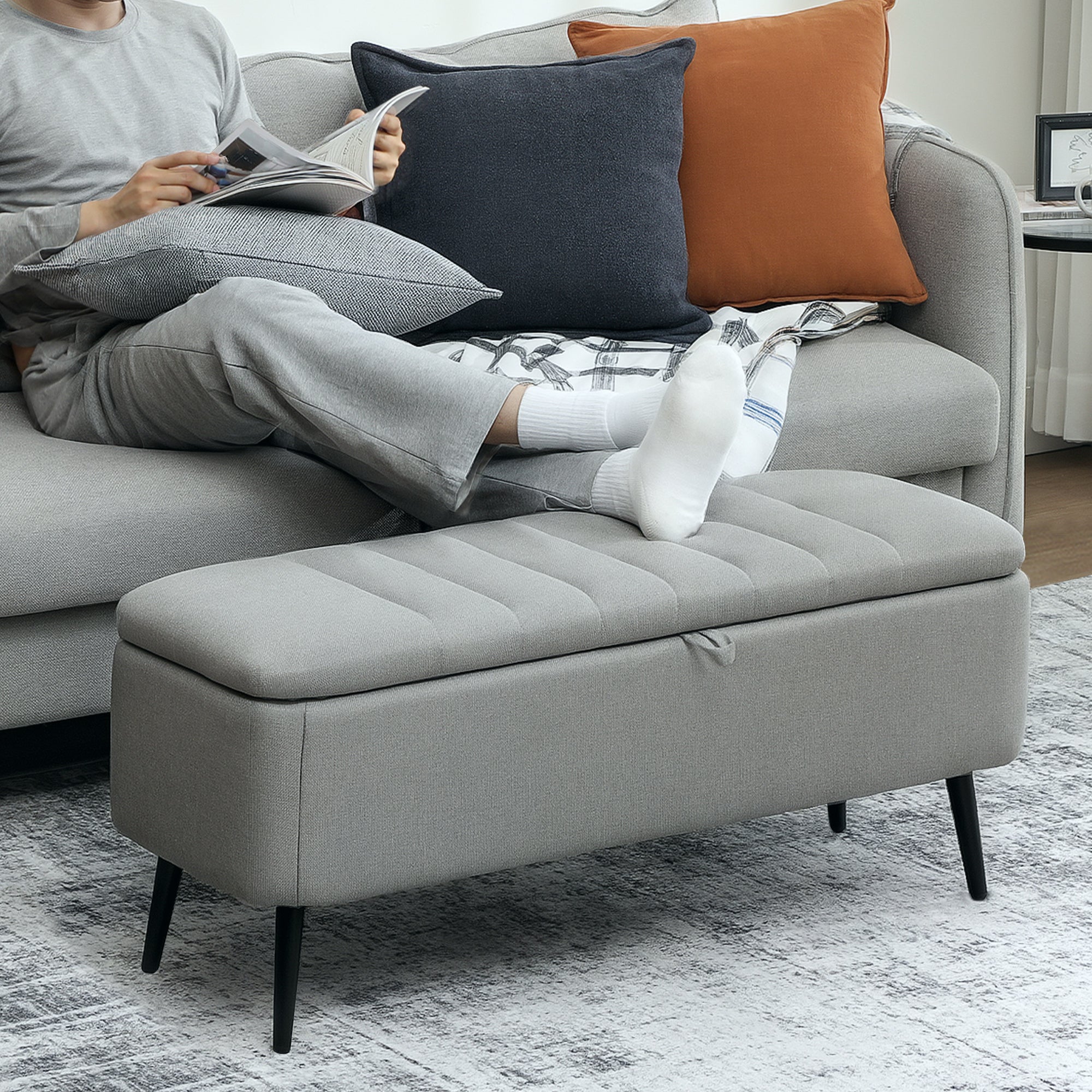92 x 31cm Linen-Look Storage Ottoman - Light Grey