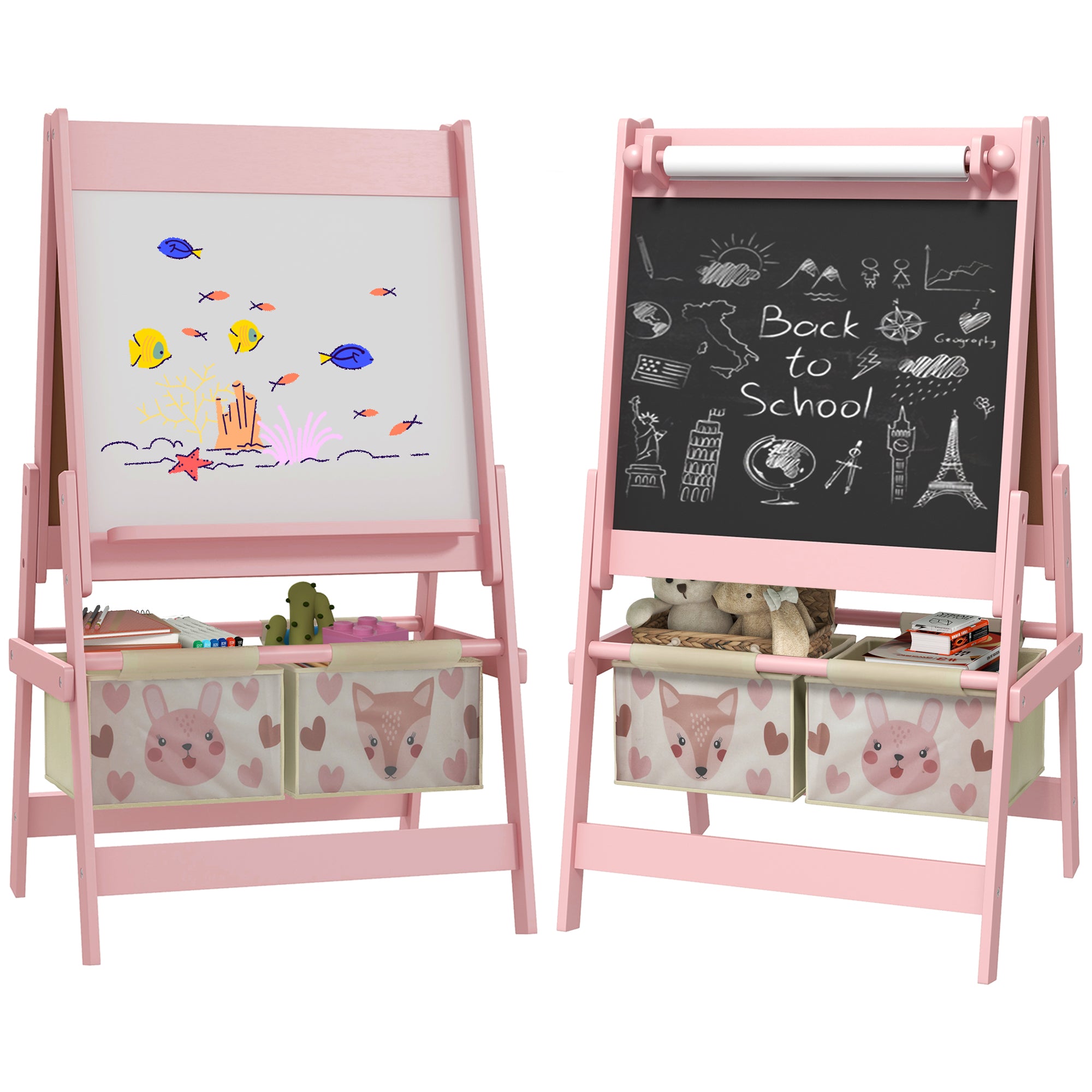 Three-In-One Kids Easel with Paper Roll, Art Easel, with Storage - Pink