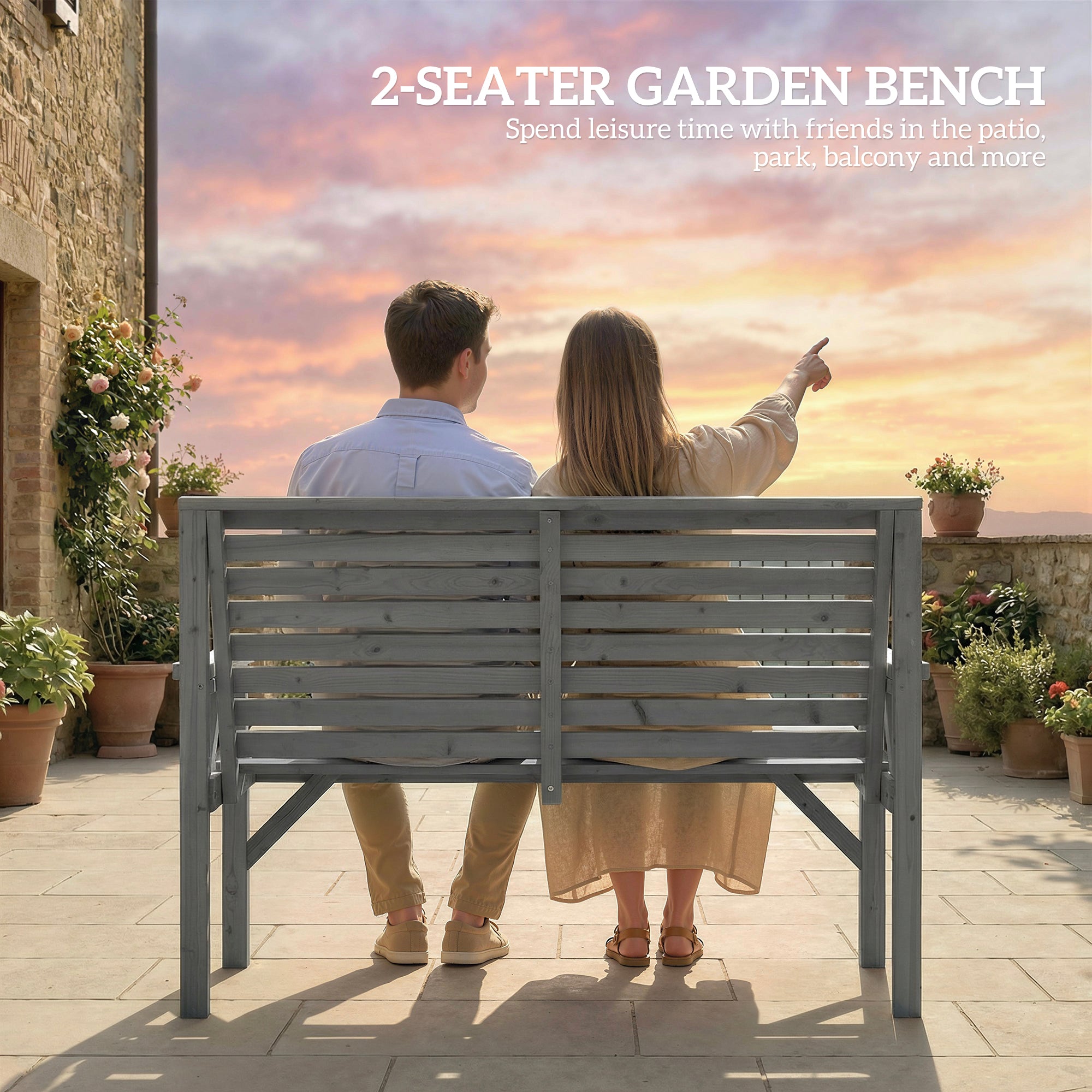 2 Seater Wooden Garden Bench, Slatted Patio Bench with Armrest and Backrest, Outdoor Furniture for Indoor, Balcony