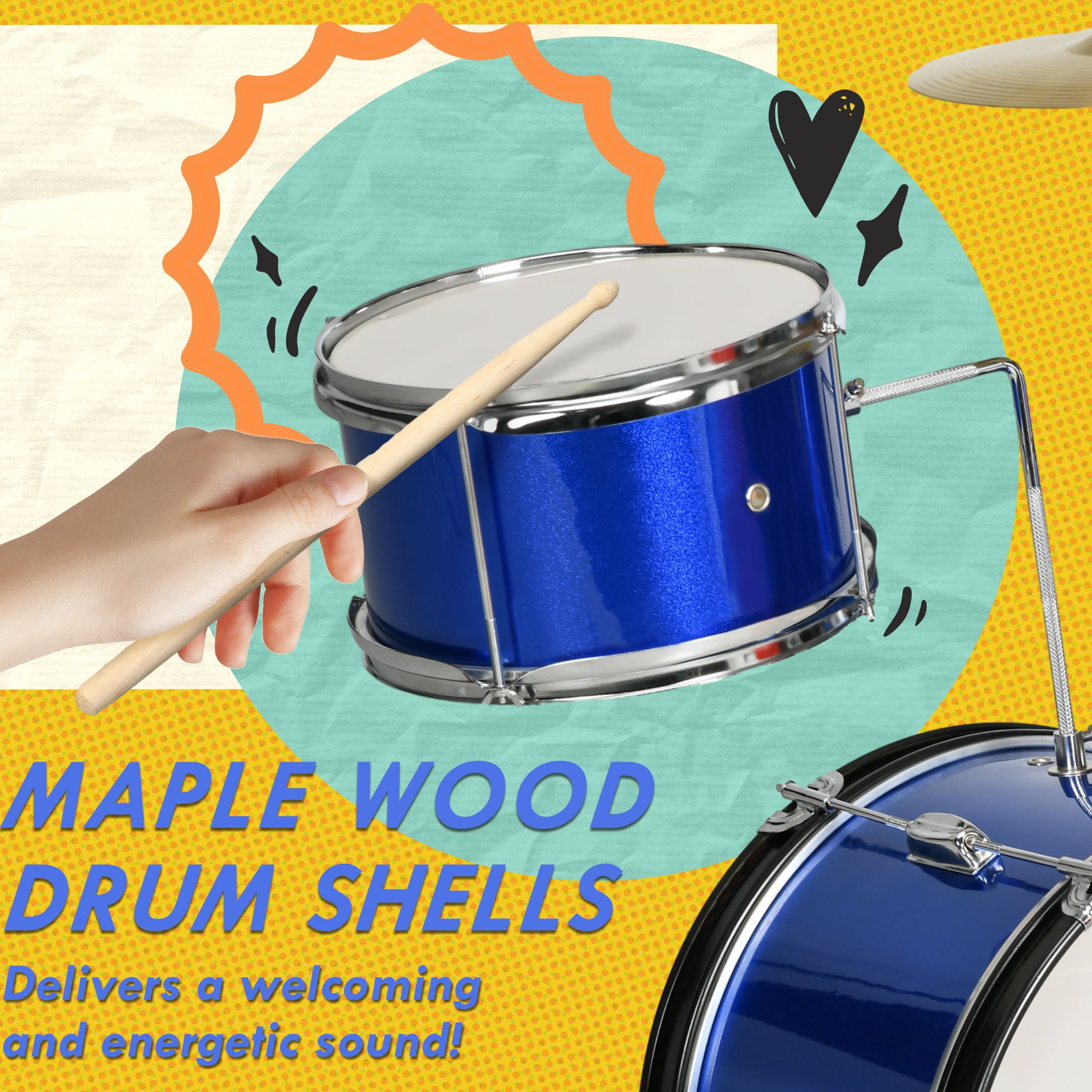 11-Piece Kids Drum Kits w/ Stool, Drumsticks, Pedal, Cymbals, for 3-6 Years, Blue