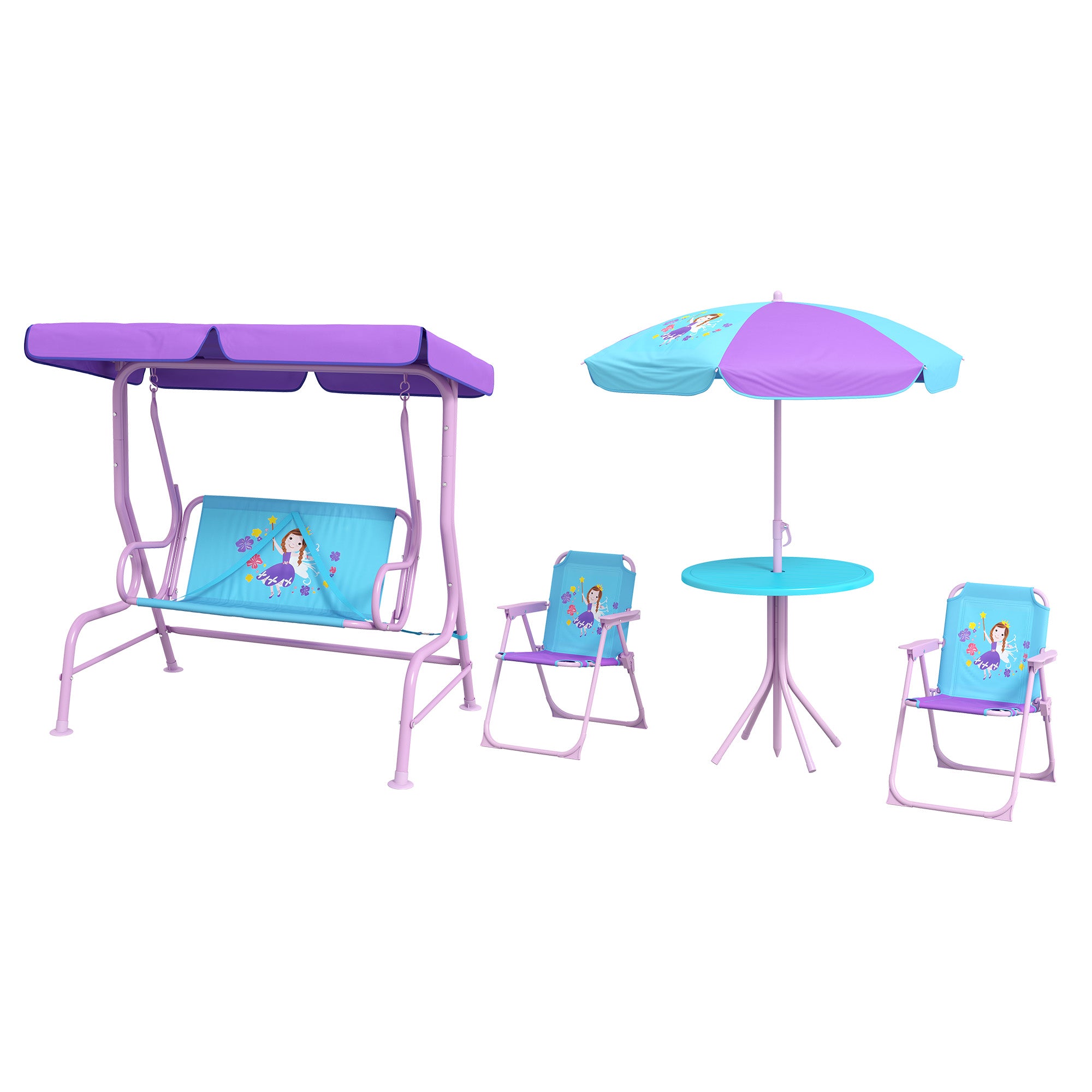 4PCs Kids Garden Furniture Set w/ 2 Seater Garden Swing Chair with Adjustable Canopy, Childrens Table and Chair Set with Parasol, for Toddler Girls 3-6 Years Old