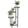 Four-Tier Steel Plant Stand with Planter Trays and Wooden Shelf - Black