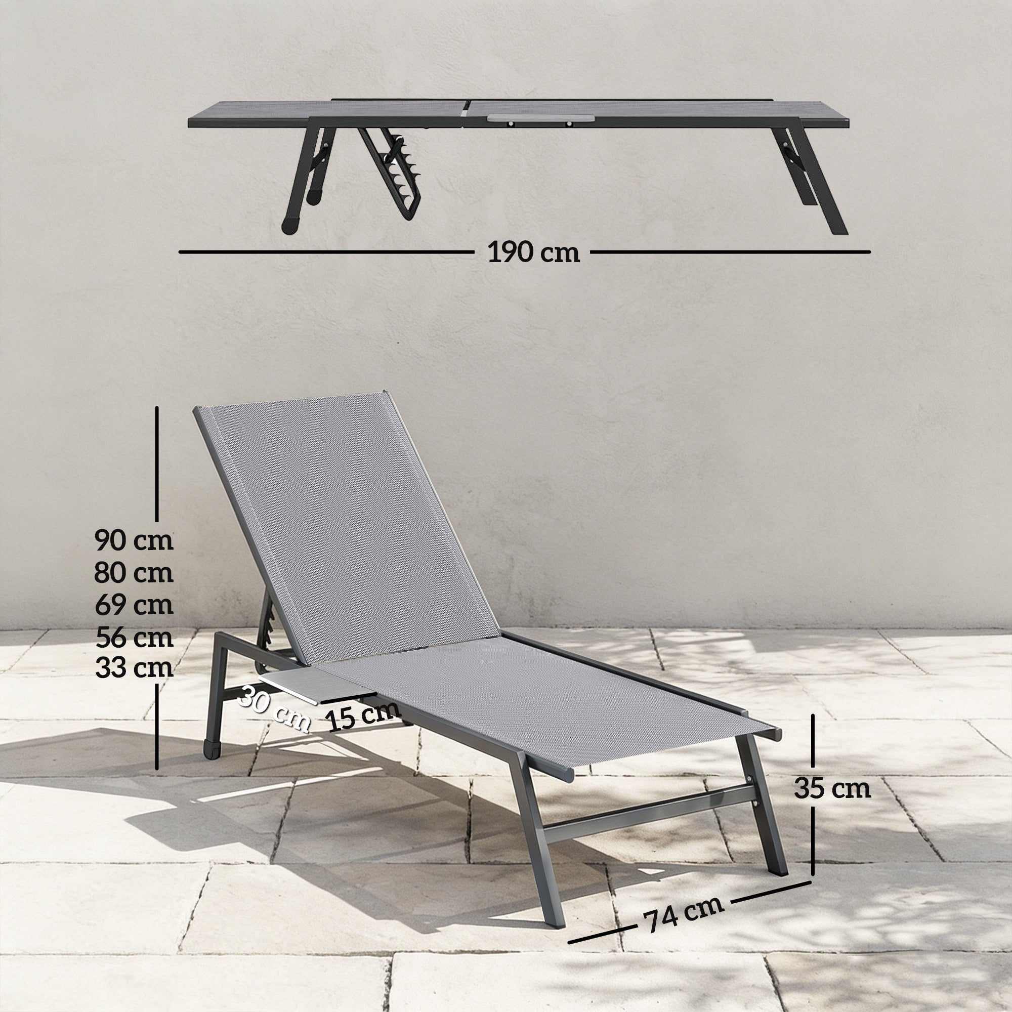 Sun Loungers Set of 2 with Side Tray Table, Garden Recliners with 5-Position Adjustable Backrest, 2 Wheels, Grey
