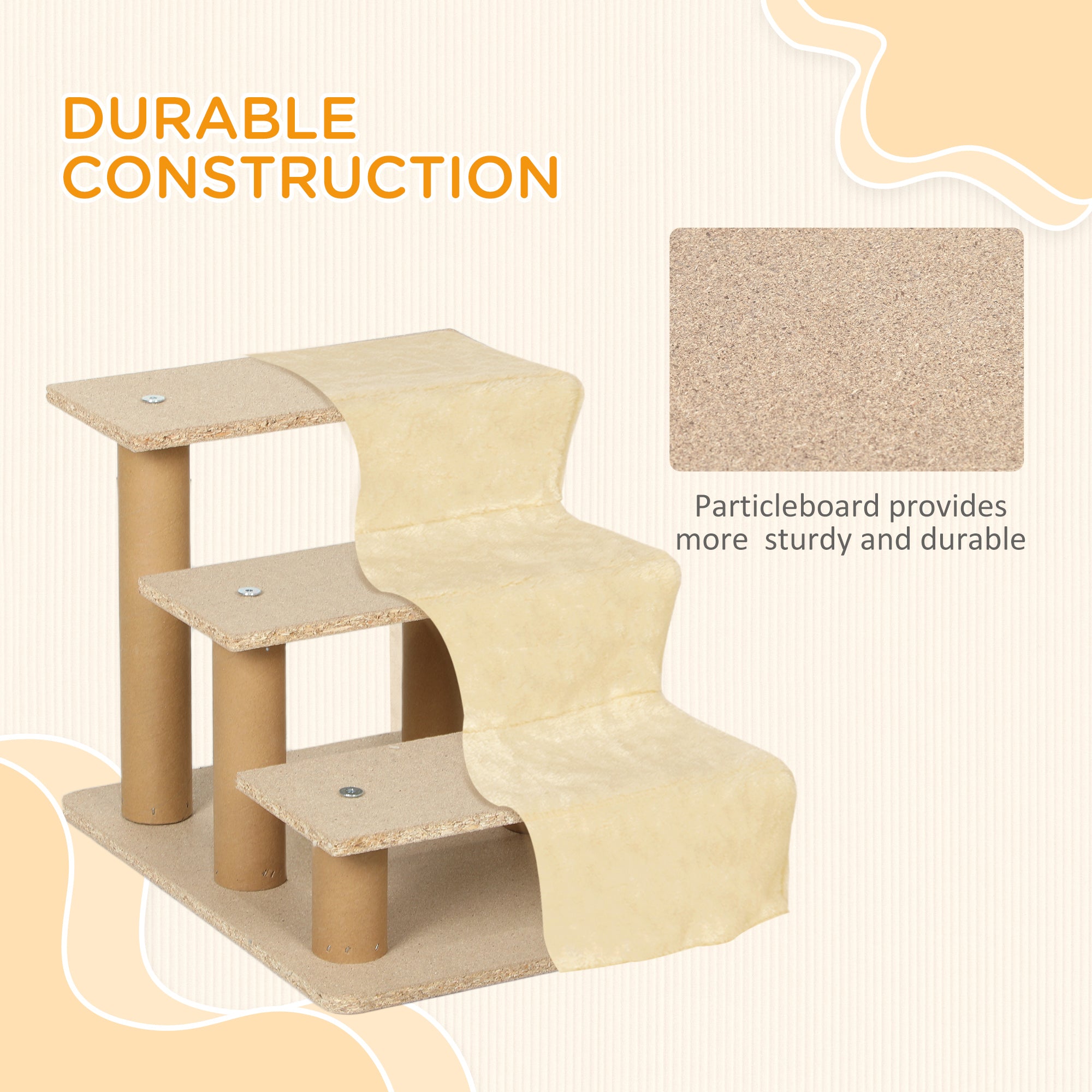 Three-Step Dog Stairs, with Washable Plush Cover, for High Bed Sofa, Dog Stairs for Small Dog and Cat - Beige