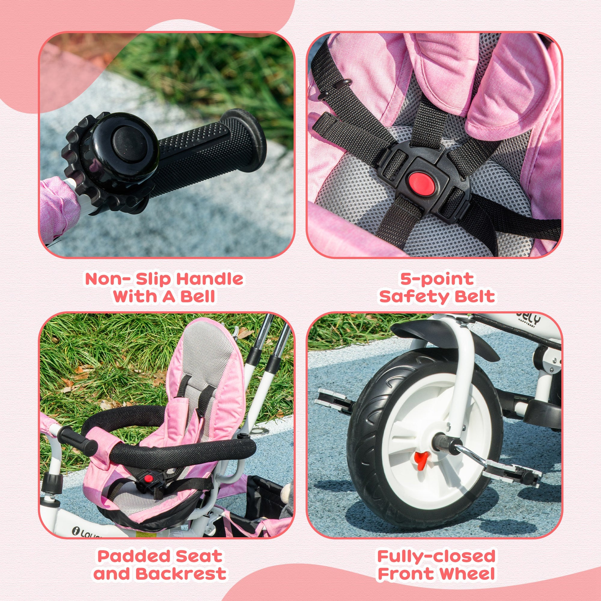 6 in 1 Kids Trike Push Bike w/ Push Handle, Canopy, 5-point Safety Belt, Storage, Footrest, Brake, for 1-5 Years, Pink