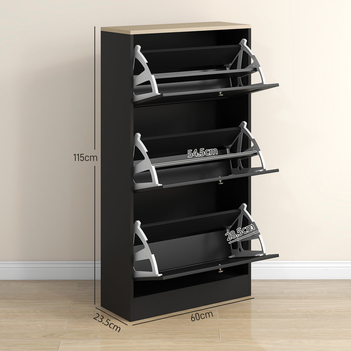 Modern Compact Three-Drawer Shoe Storage Cabinet with Adjustable Shelves - Black