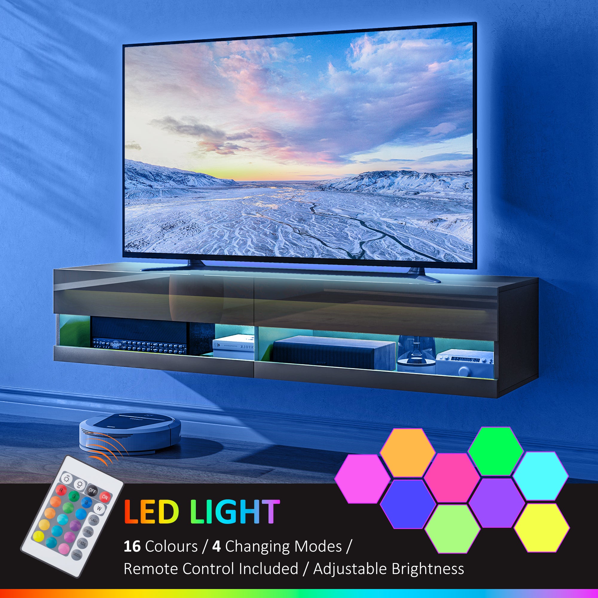 Floating TV Unit Wall Mounted Cabinet for TVs up to 65" with LED Lights and Storage Shelves - Black