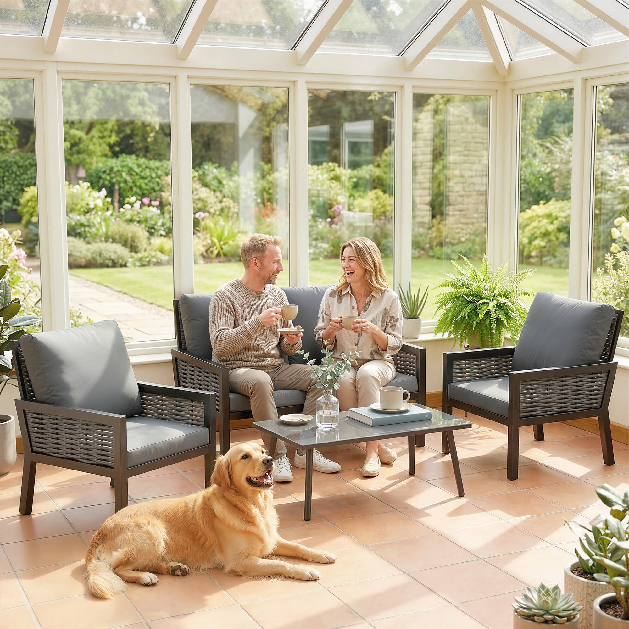 4 Seater Rattan Garden Furniture Set with 2 Armchairs, Loveseat, Coffee Table, Garden Sofa Set with Cushions, Dark Grey