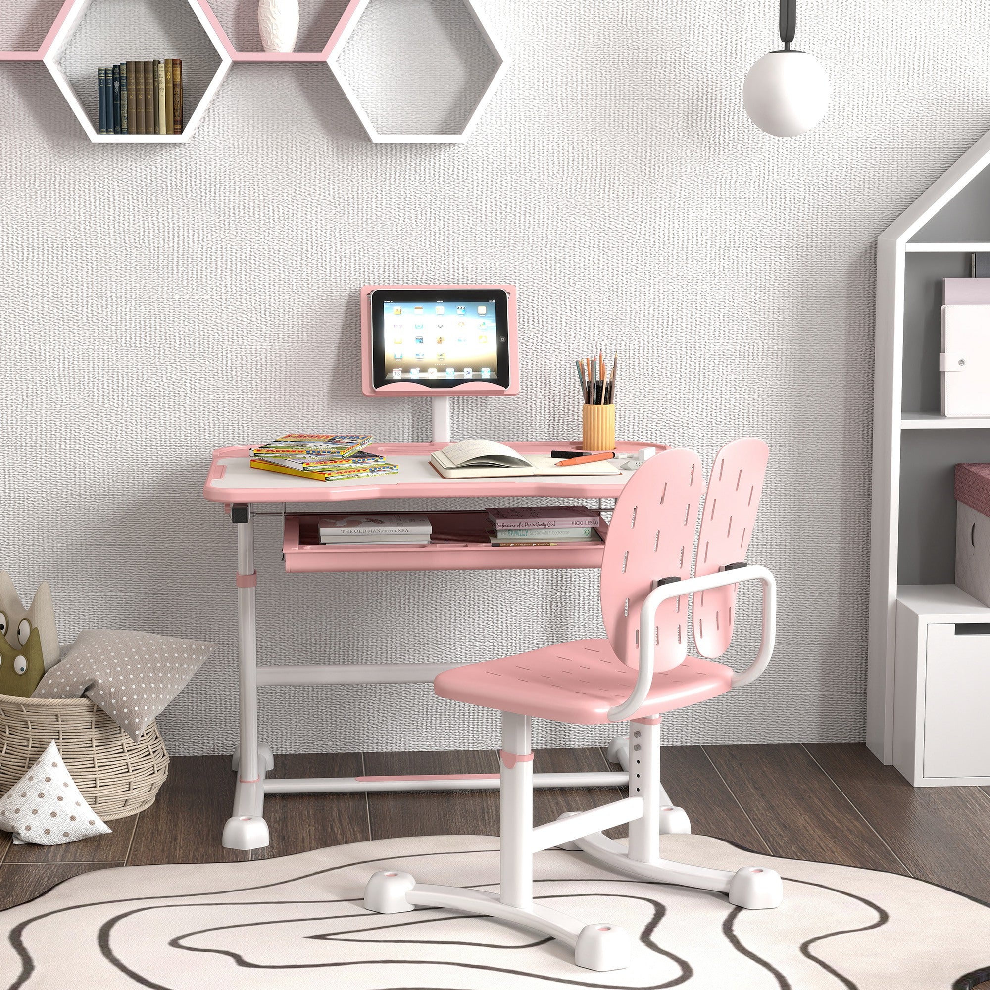 Height Adjustable Kids Desk and Chair Set, School Study Writing, Reading Table Chair Set w/ Tilted Desktop, Pink