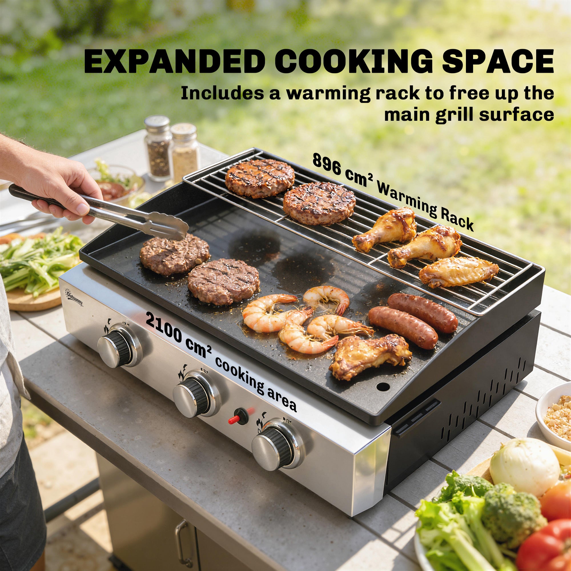 3 Burner Grill Griddle, Portable Gas Plancha with Warming Rack, 7.5 kW, Tabletop Gas BBQ with Grease Cup, Black