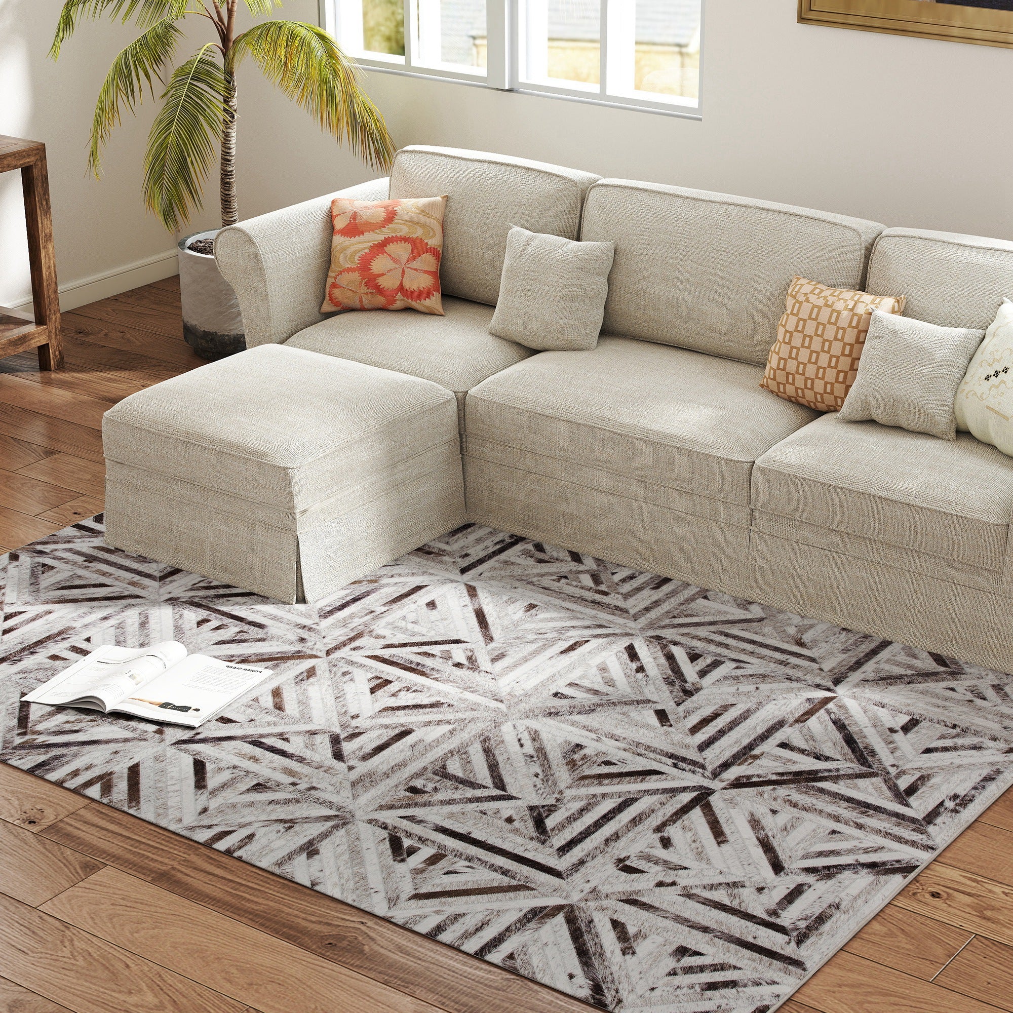 Modern Area Rug, Triangle Pattern Non-Slip Washable Rug, Chenille Floor Carpet for Living Room, Bedroom, Dining Room, Home Office, 230 x 160 cm, Brown