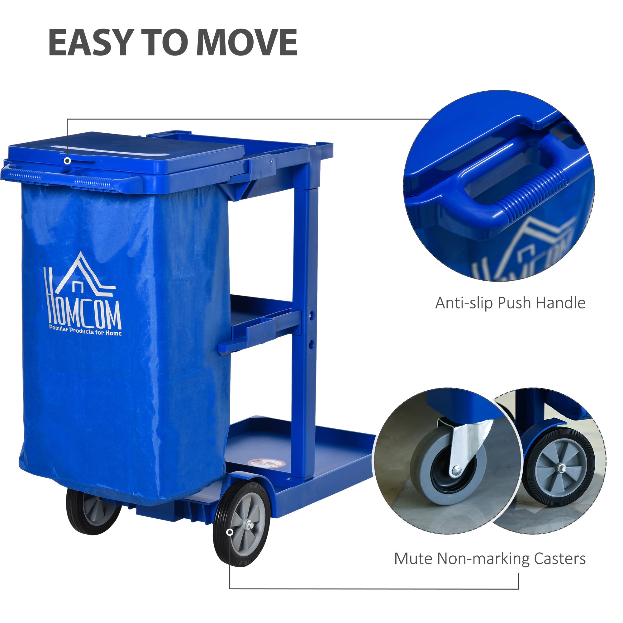 Janitor Cleaning Trolley, with Bin, Shelves and Hooks - Blue