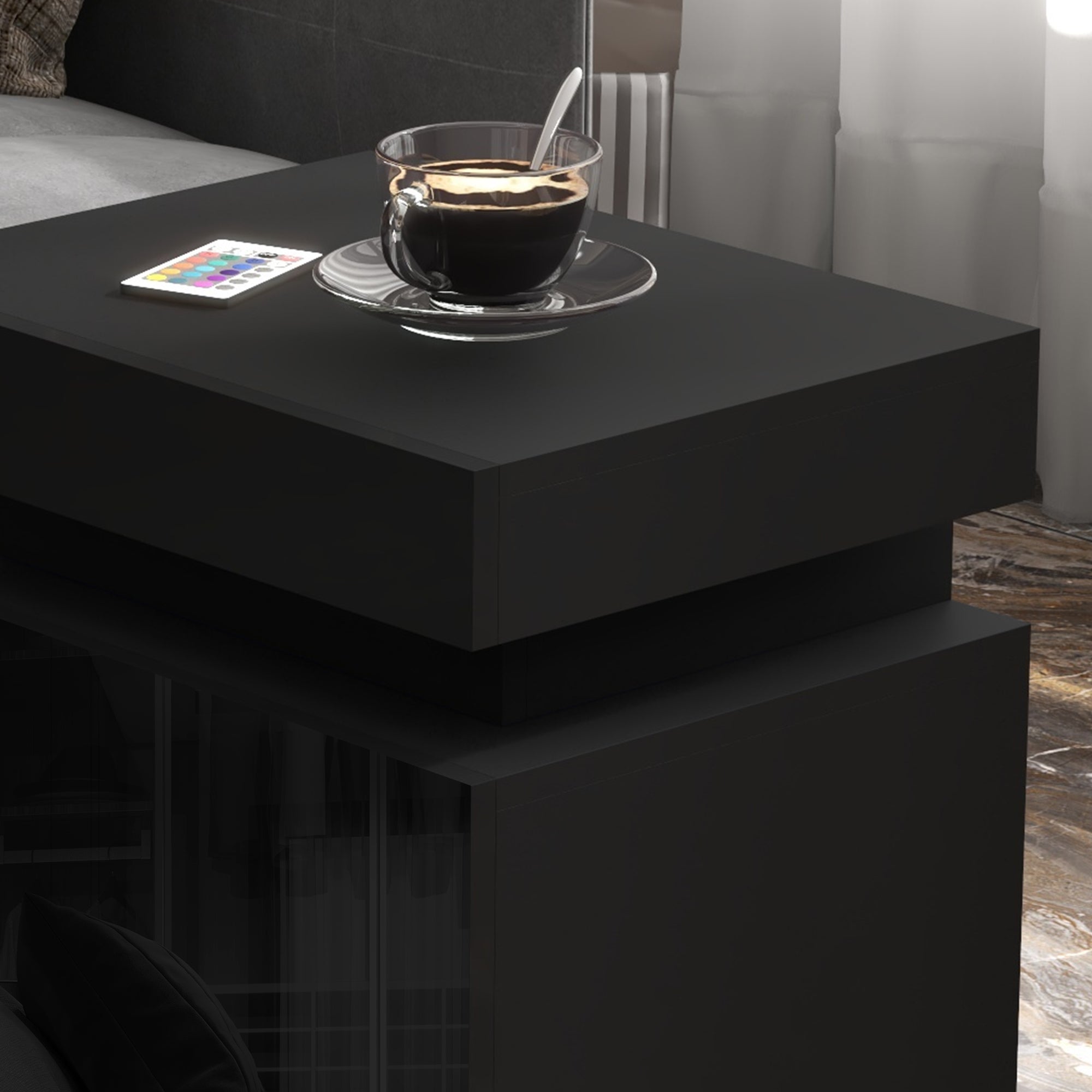 High Gloss Front Bedside Tables Set of 2, Nightstands with RGB LED Light and 2 Drawers, Chest of Drawers for Bedroom, Living Room, Black