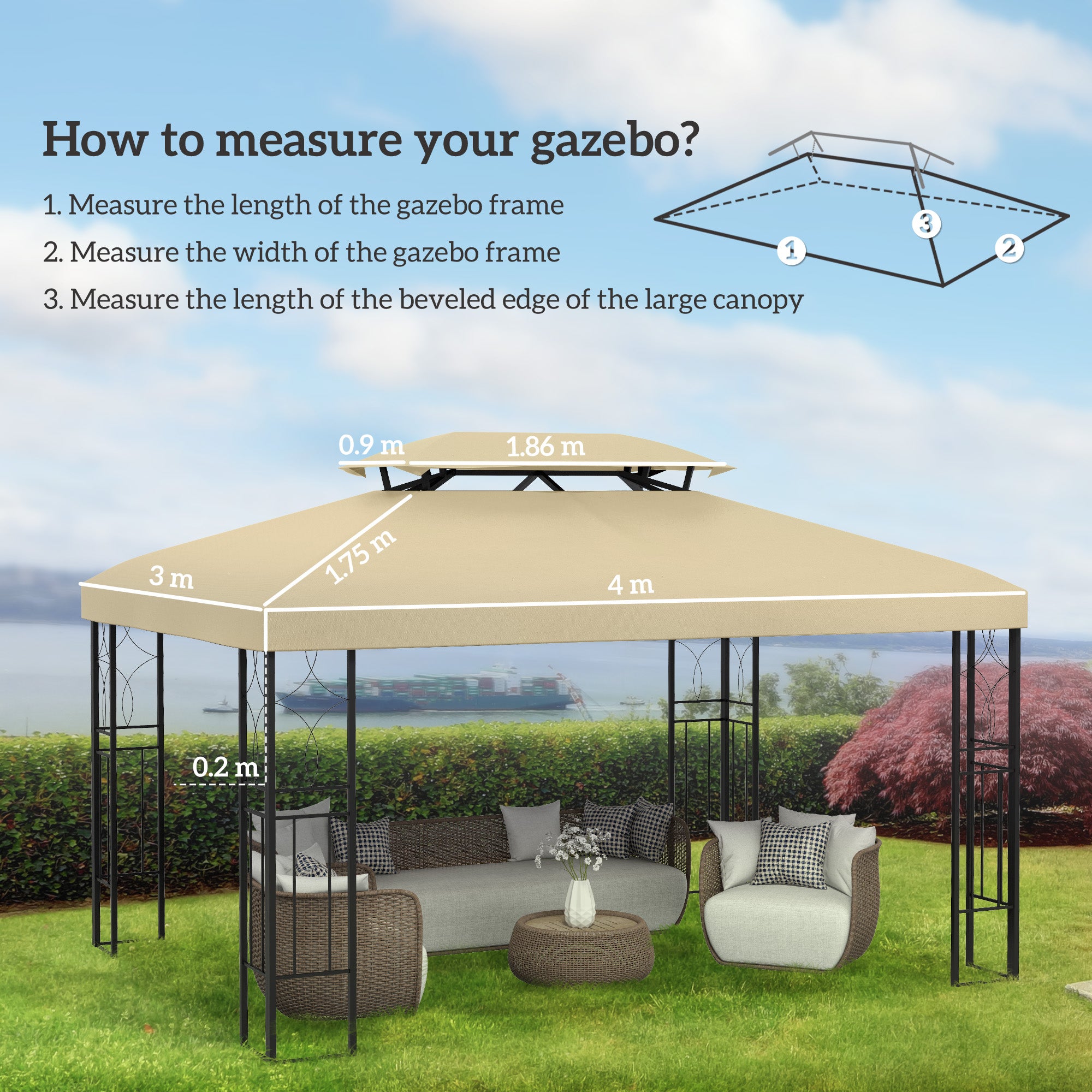 Gazebo Roof Replacement for 3 x 4m Frames with Two-Tier Design - Cream