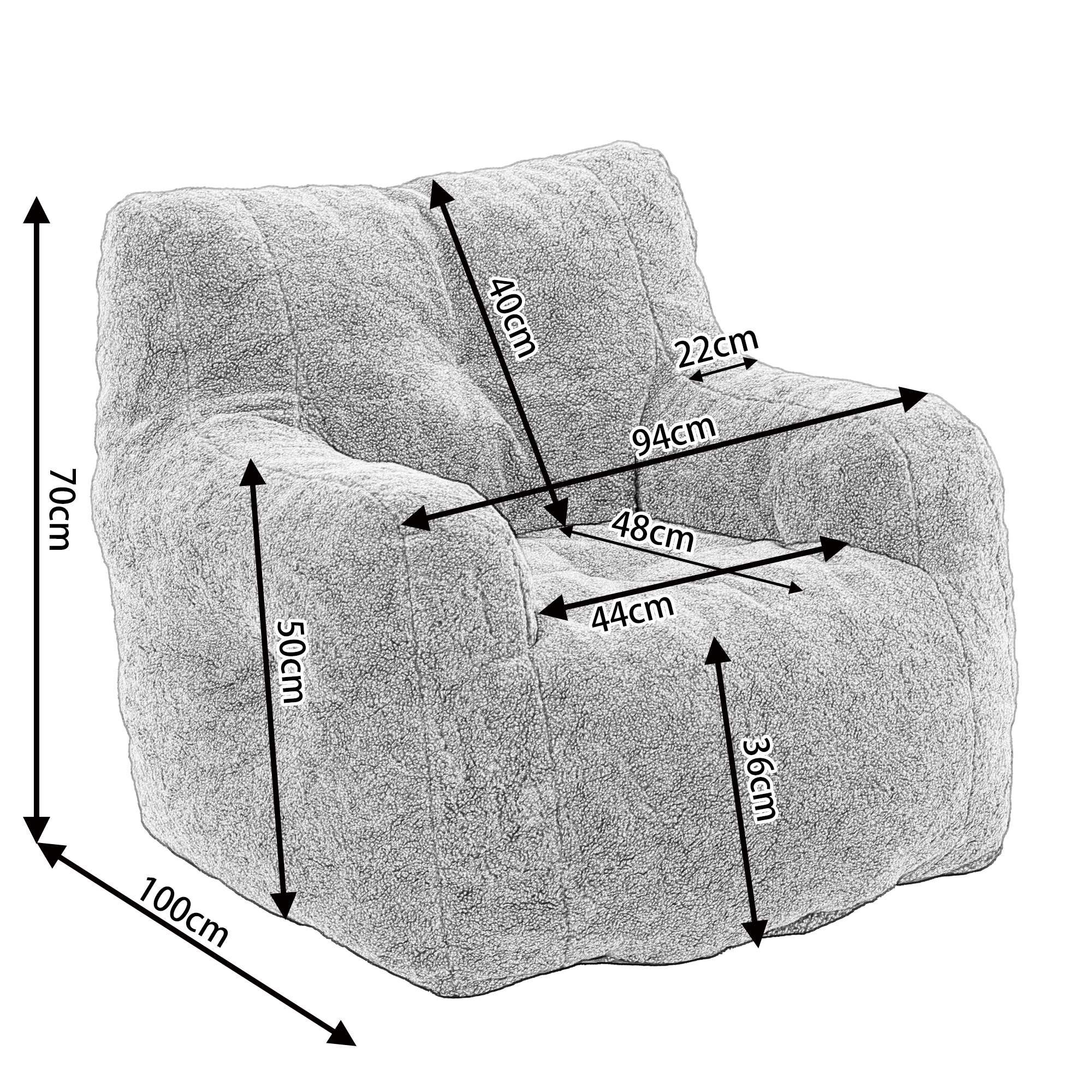 Soft Tufted Foam Bean Bag Snuggle Chair with Teddy Fabric, Ergonomic Backrest, 100x94x70 cm, White Teddy