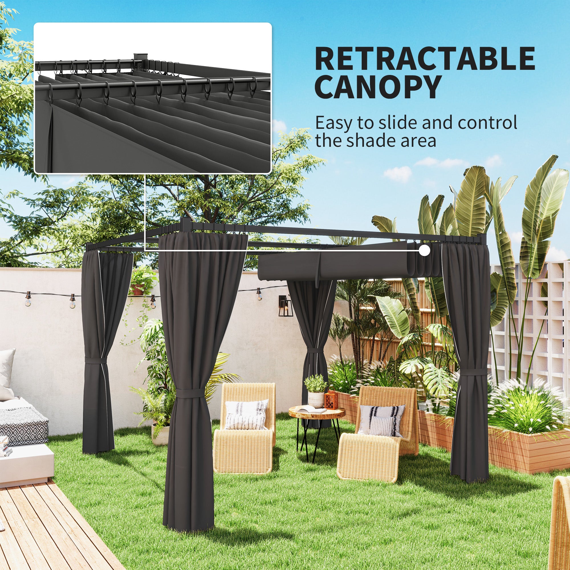 3 x 3m Retractable Pergola with Curtains for Garden, Patio, Deck - Charcoal Grey