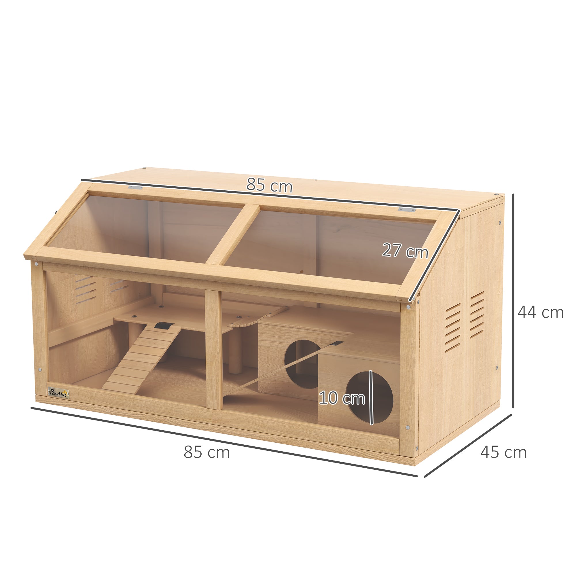 Hamster Cage, Wooden Small Animal Cage for Gerbils, Mice w/ Suspension Bridge, Openable Top, Hut, 85 x 45 x 44cm Nature