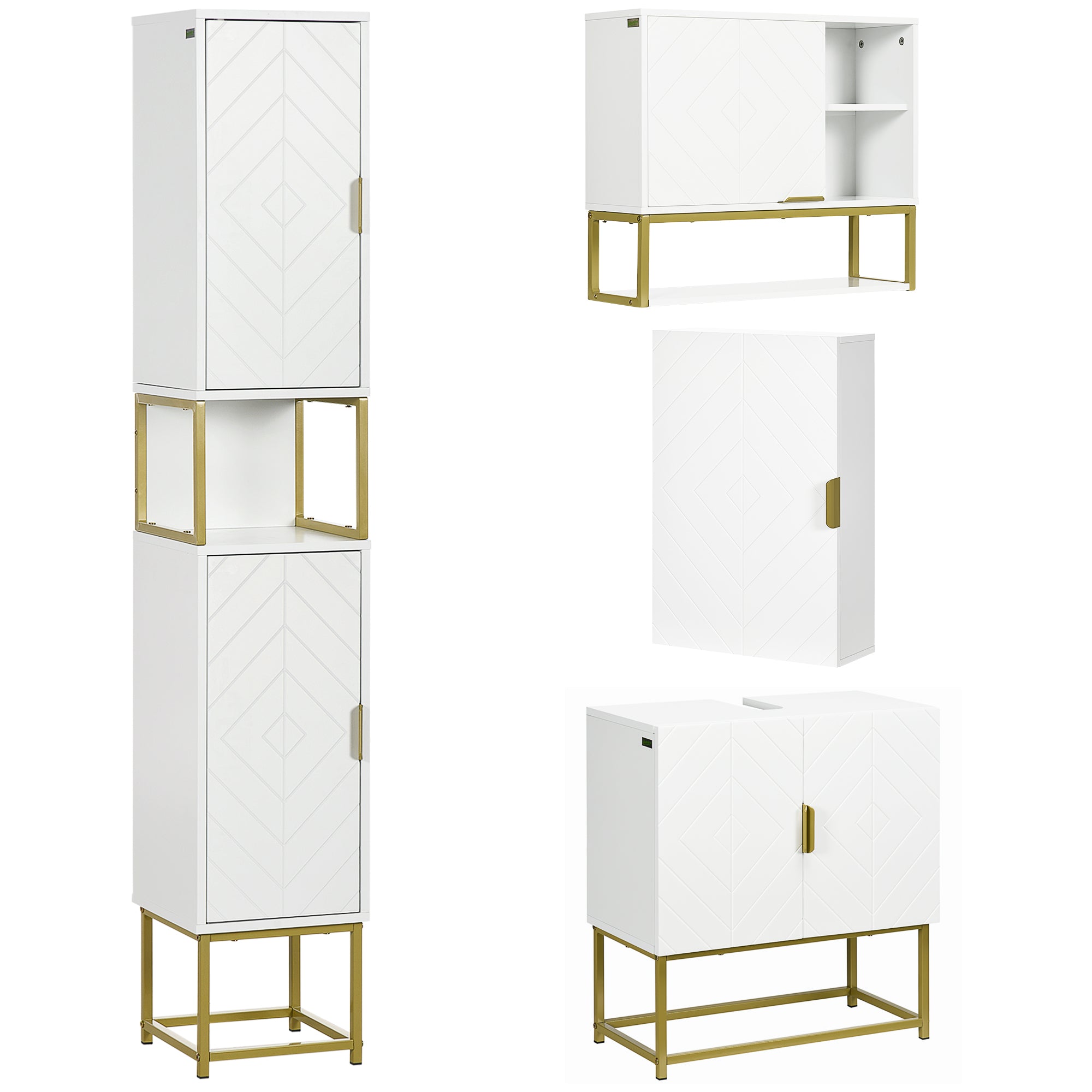 4 Piece Bathroom Furniture Set, Freestanding Tall Bathroom Cabinet, Under Sink Storage Cabinet, 2 Wall Mounted Cabinets, White