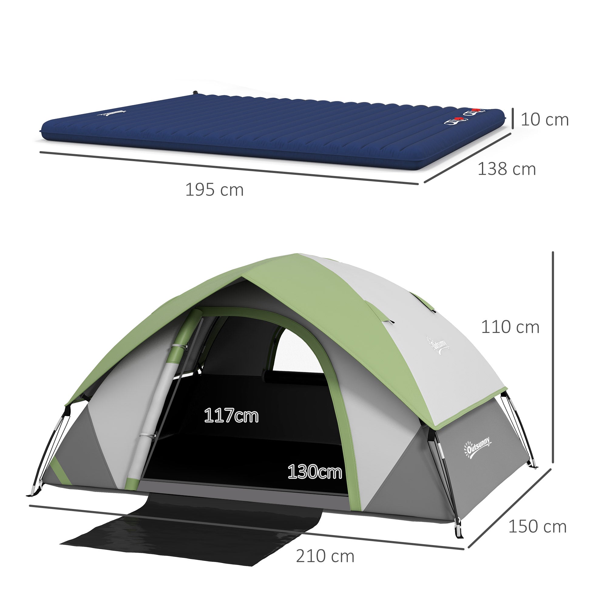 Camping Tent with Inflatable Mattress, 2-3 Person Dome Tent with Air Bed and Sewn-in Groundsheet, Portable 3000mm Waterproof Tent with Carry Bag and Hook, for Fishing Hiking